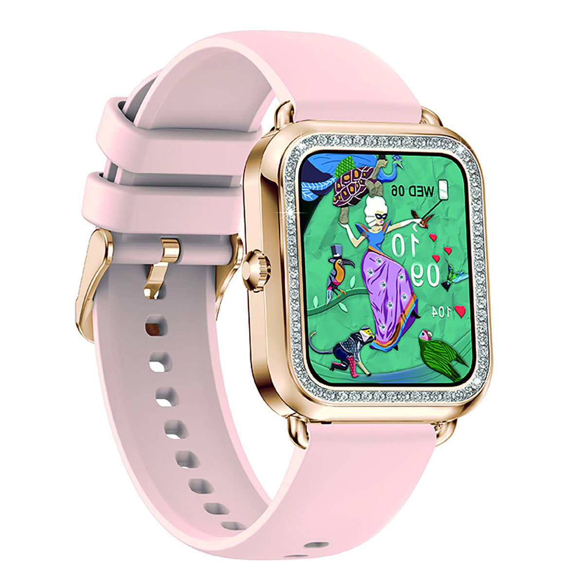 Une montre connectée rose avec un cadre doré et un écran coloré affichant une scène de dessin animé. Le bracelet est rose.