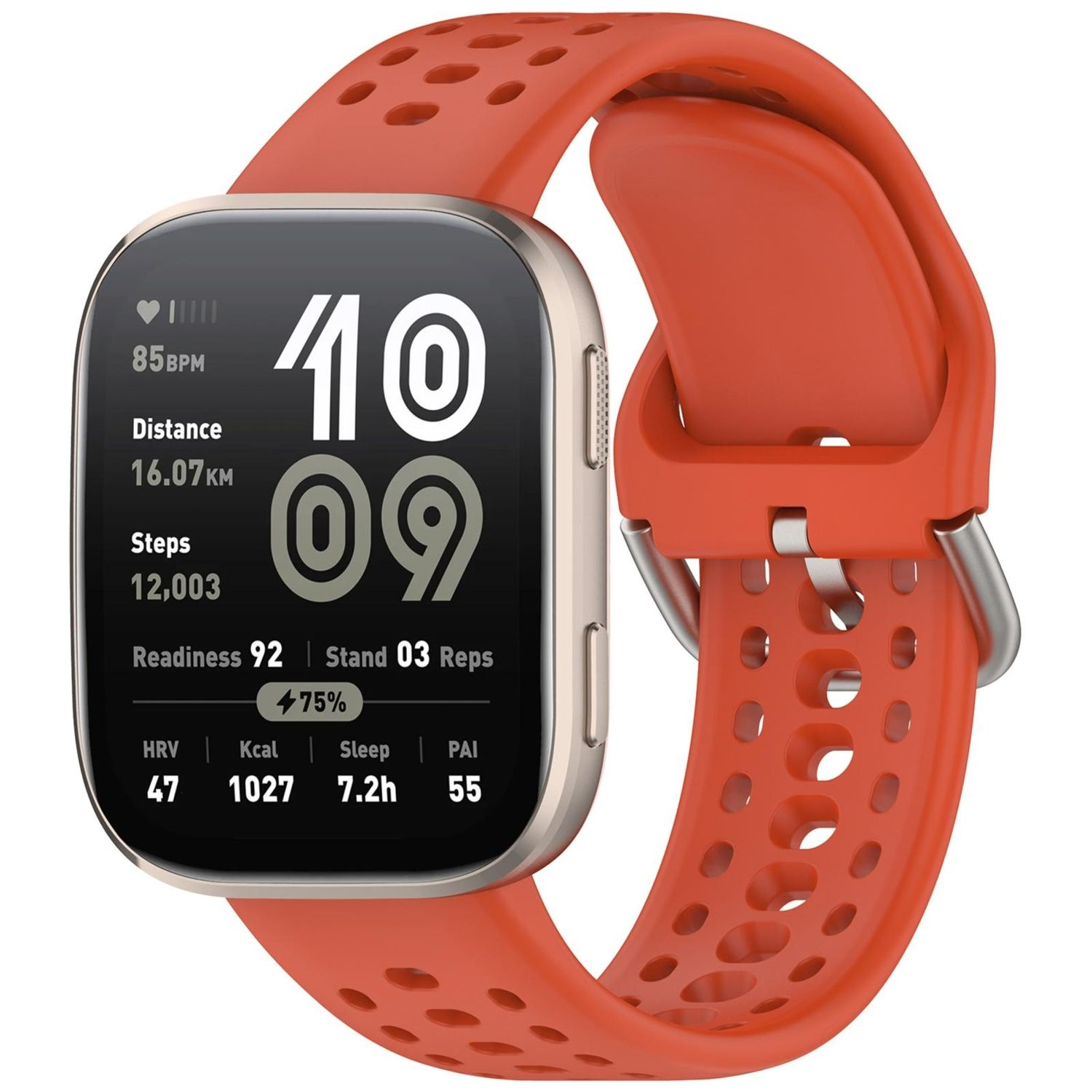 Smartwatch mit orangefarbenem Armband, zeigt Daten wie Schritte, Herzfrequenz und Zeit.
