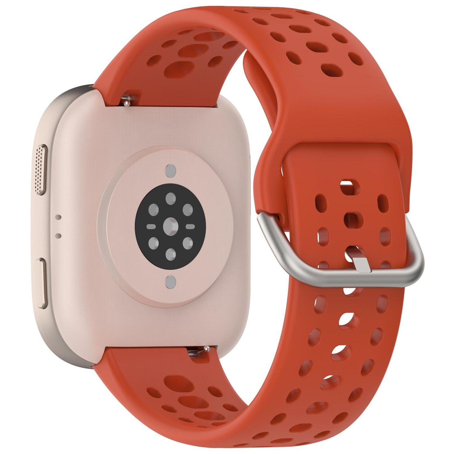 Eine Smartwatch mit pinkfarbenem Gehäuse und orangefarbenem Armband. Das Armband ist perforiert.