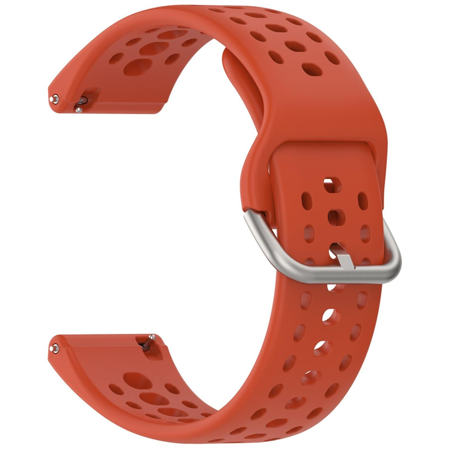 Ein orangefarbenes Uhrenarmband mit Löchern und einer silbernen Schnalle. Das Armband ist gebogen und vor weißem Hintergrund isoliert.