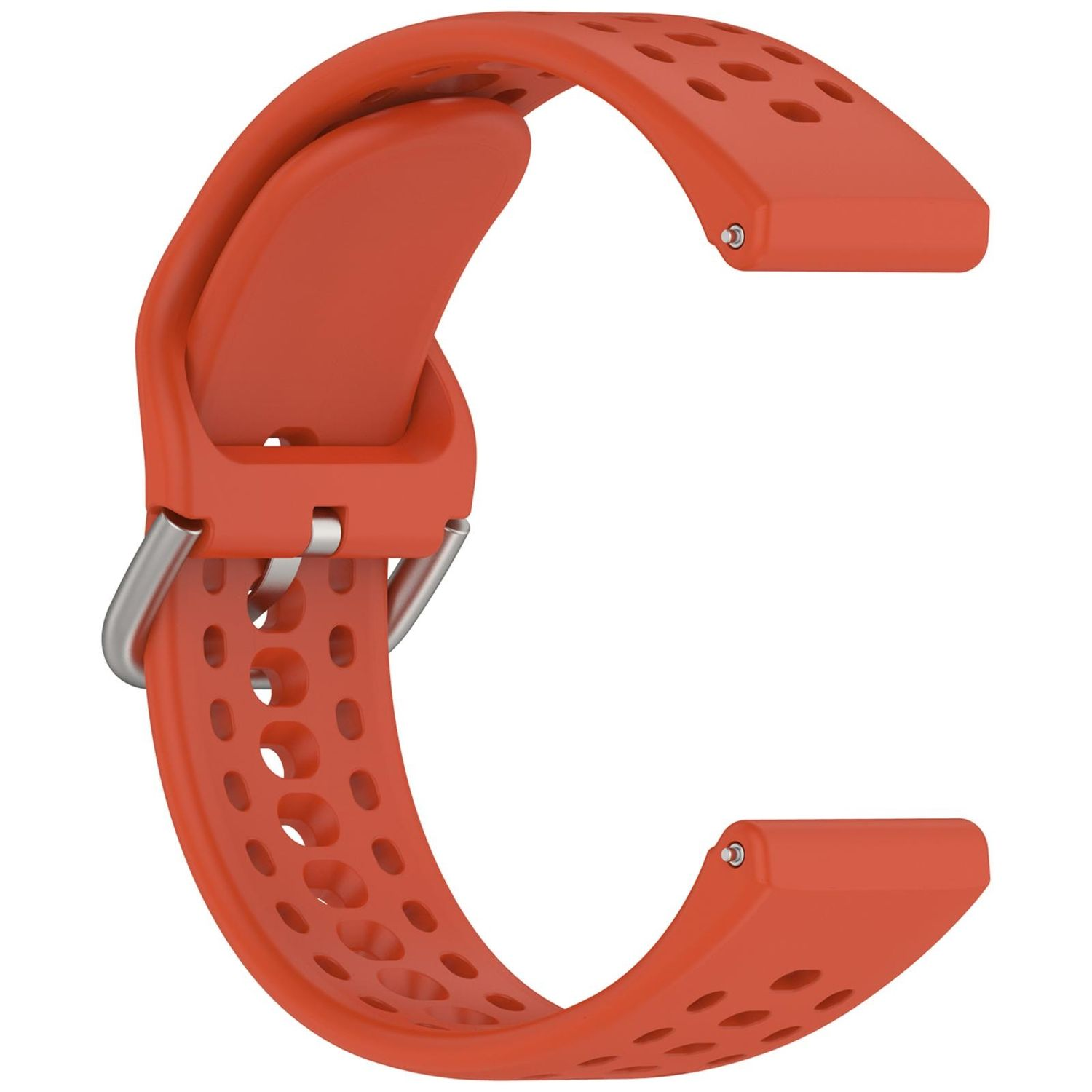 Ein orangefarbenes Uhrenarmband mit Löchern und einer silbernen Schnalle, vor weißem Hintergrund.