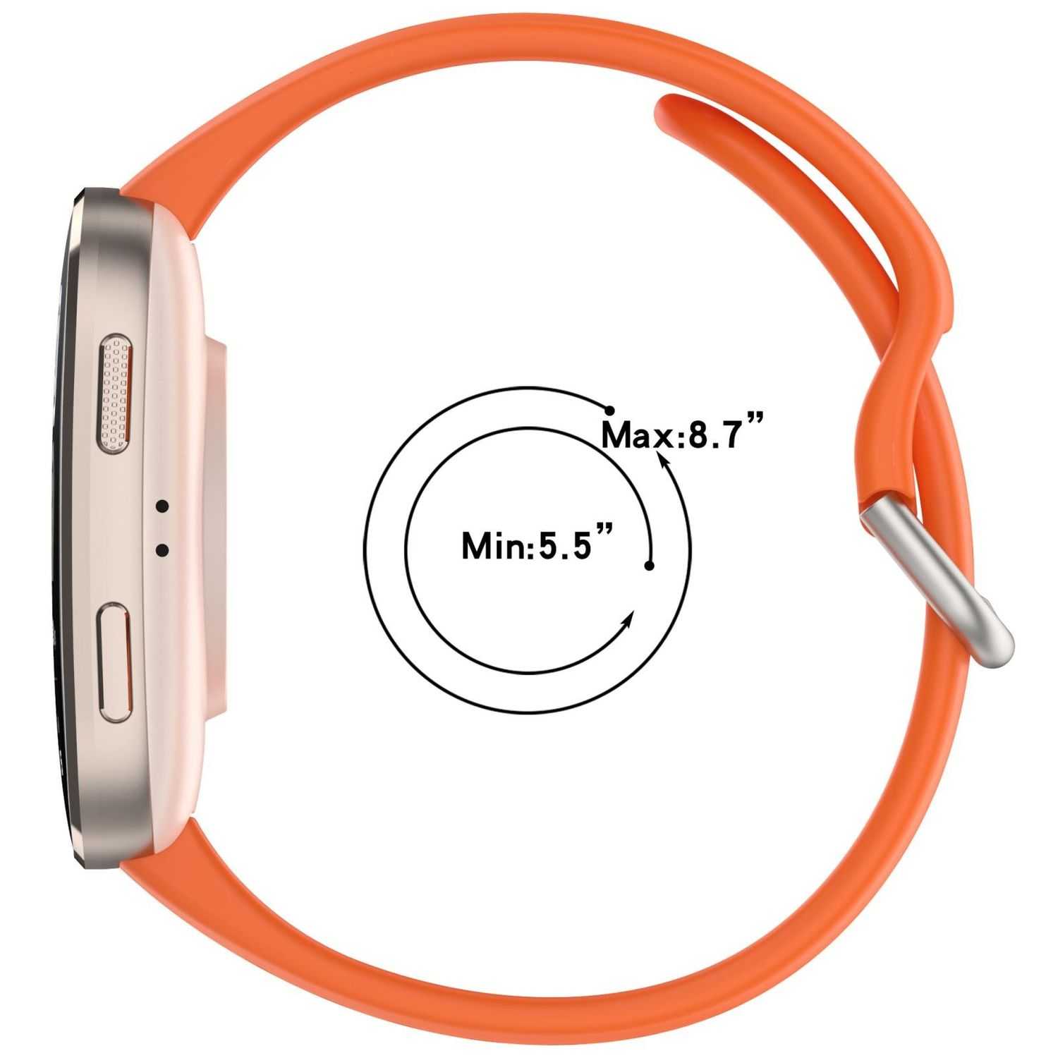 Eine Smartwatch im Profil mit orangefarbenem Armband, mit kreisförmiger Messanleitung.
