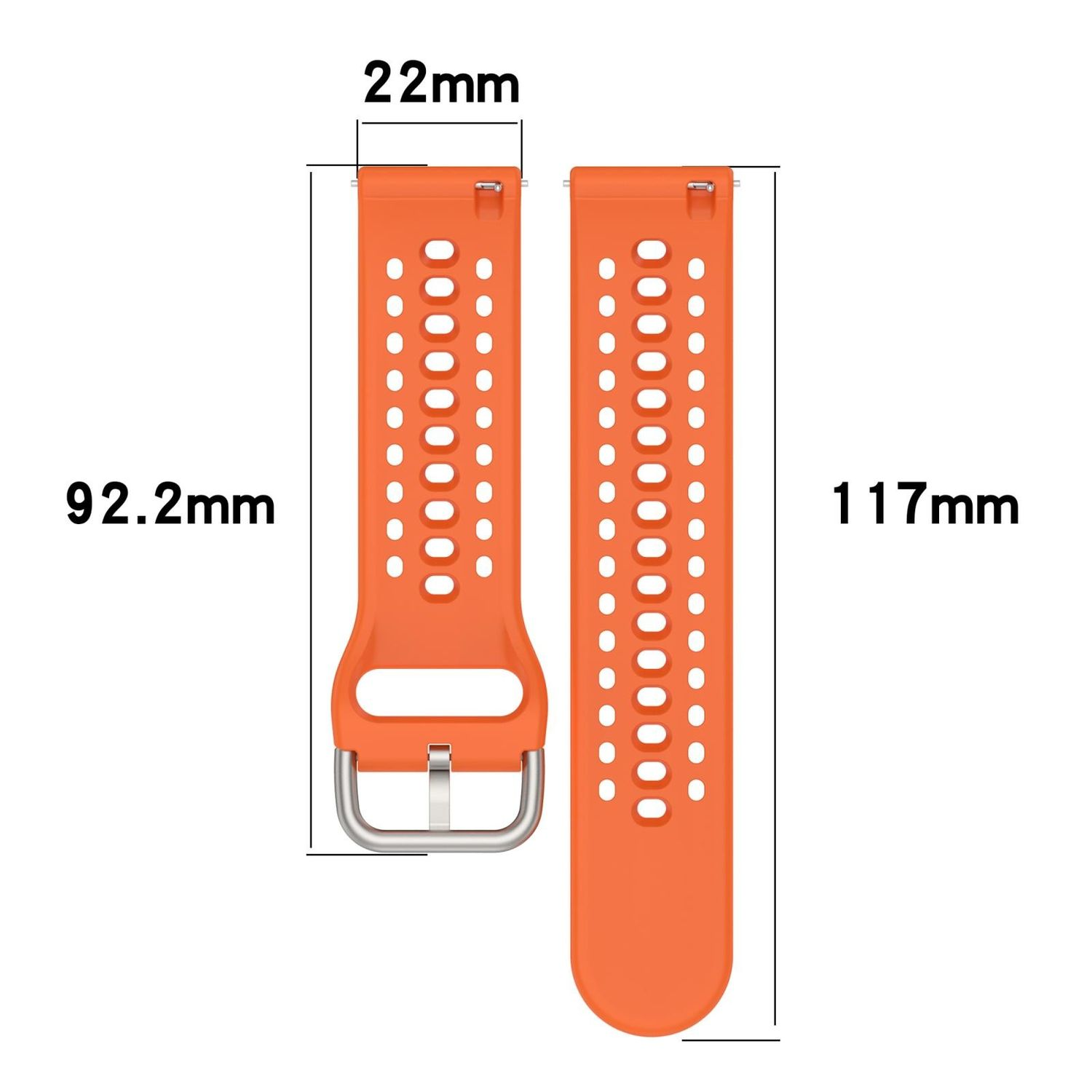 Oranges Uhrenarmband mit Maßen. Das Band ist 22 mm breit, 92,2 mm und 117 mm lang.