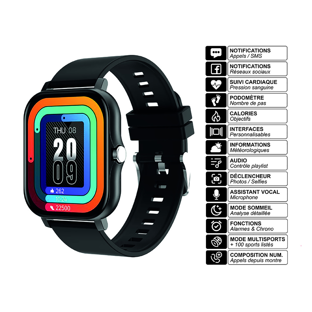 Smartwatch noire avec écran coloré et icônes de menu, et un bracelet noir, sur fond blanc.