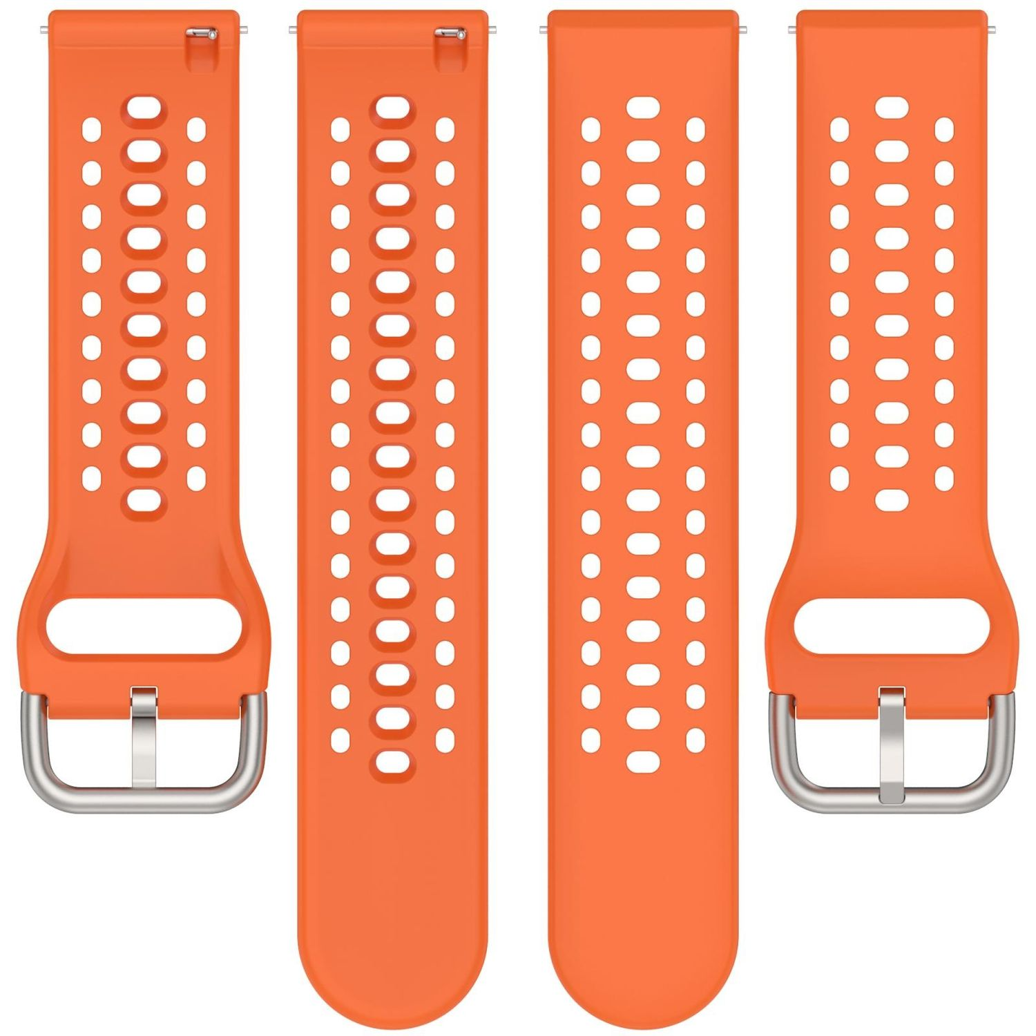 Vier orangefarbene Uhrenarmbänder mit Löchern und silbernen Schnallen, isoliert auf weißem Hintergrund.
