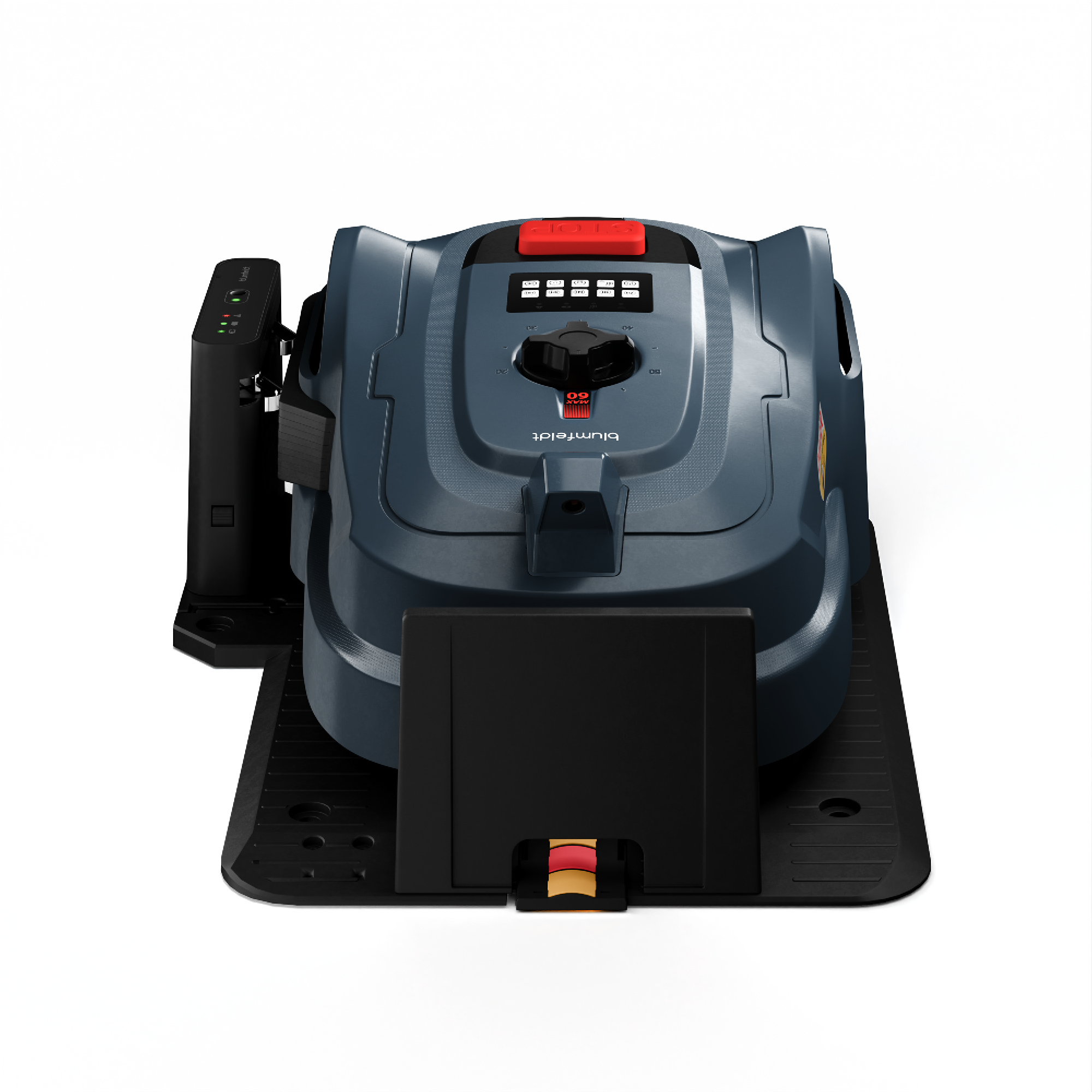 Ein dunkelgrauer Roboter-Rasenmäher mit einer schwarzen Dockingstation auf weißem Hintergrund.