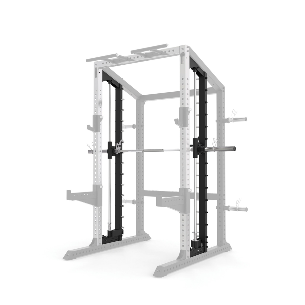 Gewichthef rek in wit met zwarte accenten, een barbell en pinnen.