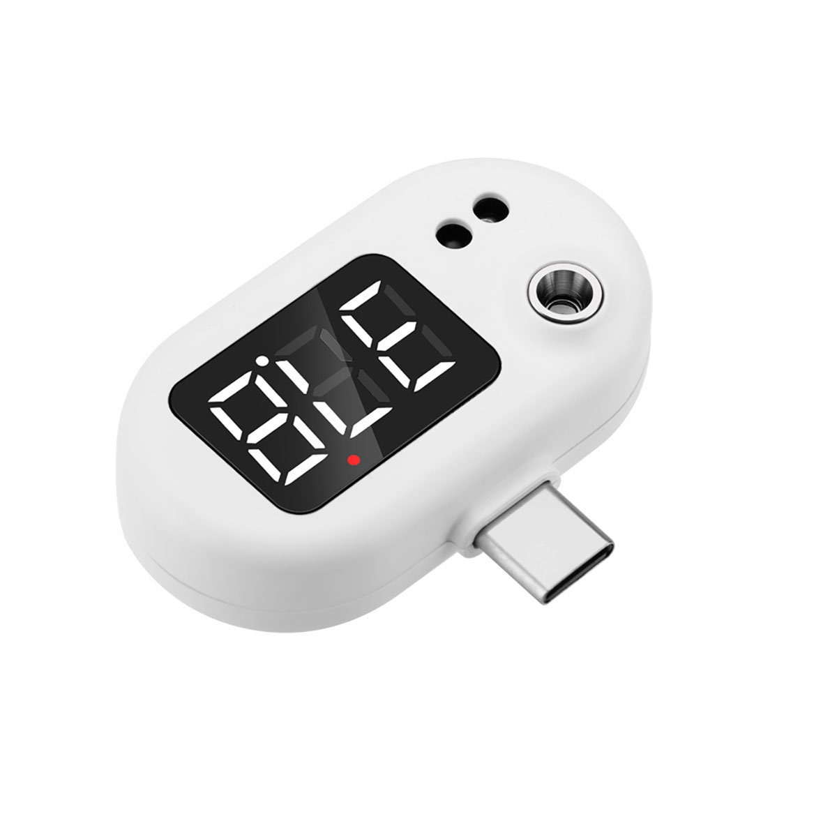 Weißes digitales Anzeigegerät mit USB-C-Anschluss, zeigt die Zahl 82 und zwei Punkte.