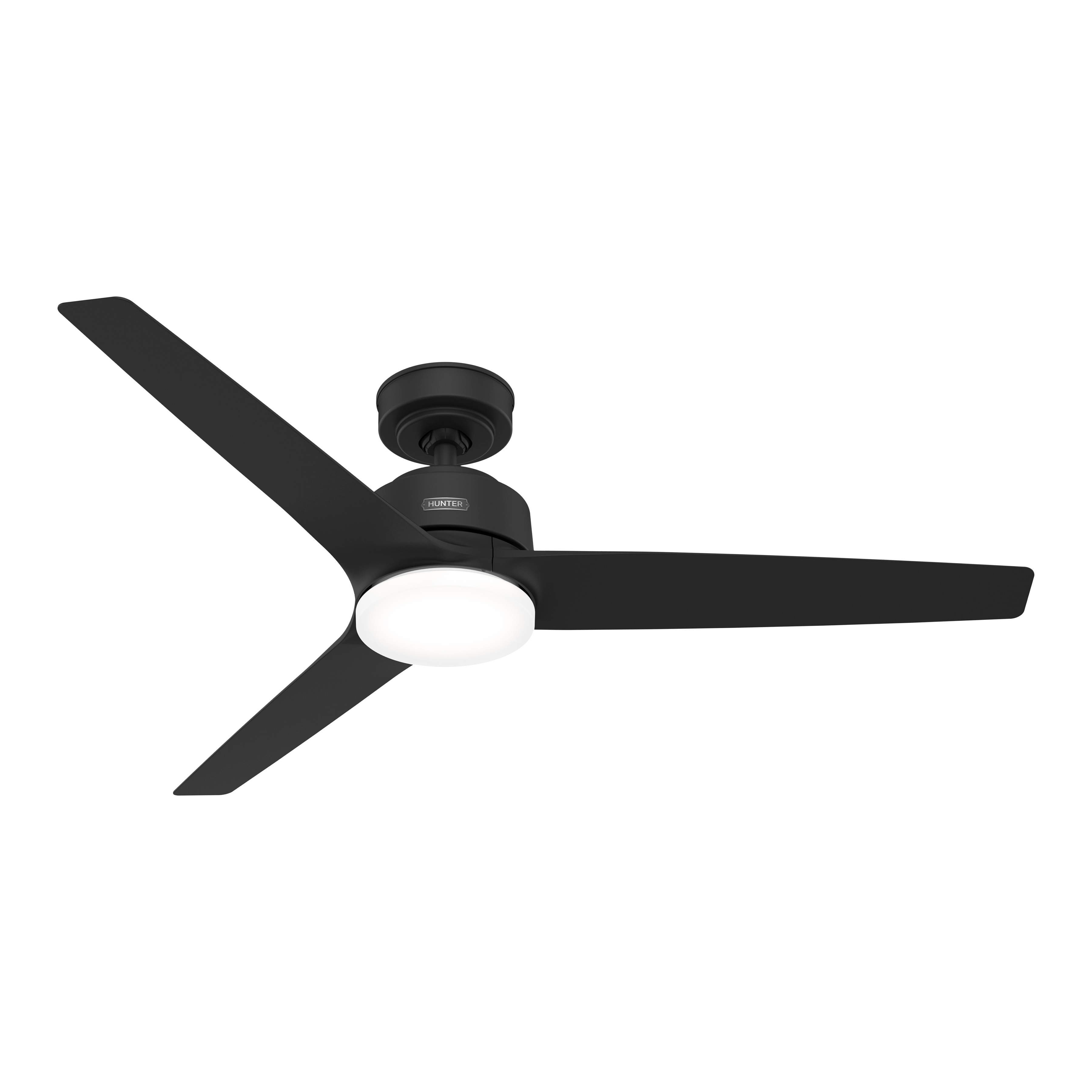 Schwarzer Deckenventilator mit drei Flügeln und einer zentralen Leuchte, weißer Hintergrund.