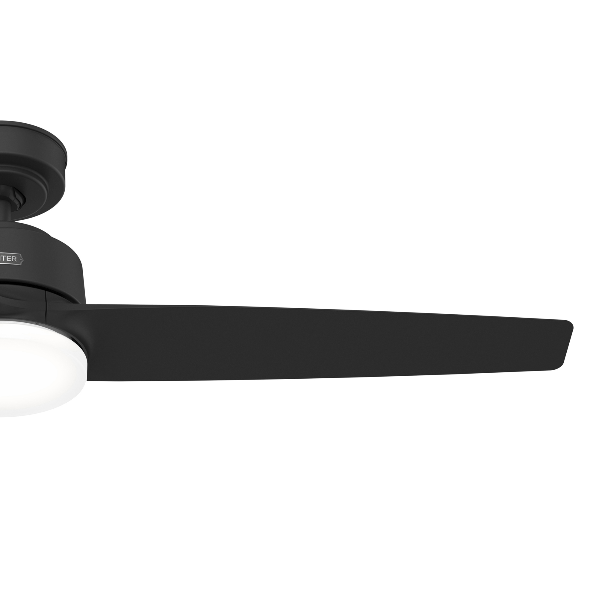 Ein schwarzer Deckenventilator mit einem weißen Licht und einem einzelnen schwarzen Flügel.