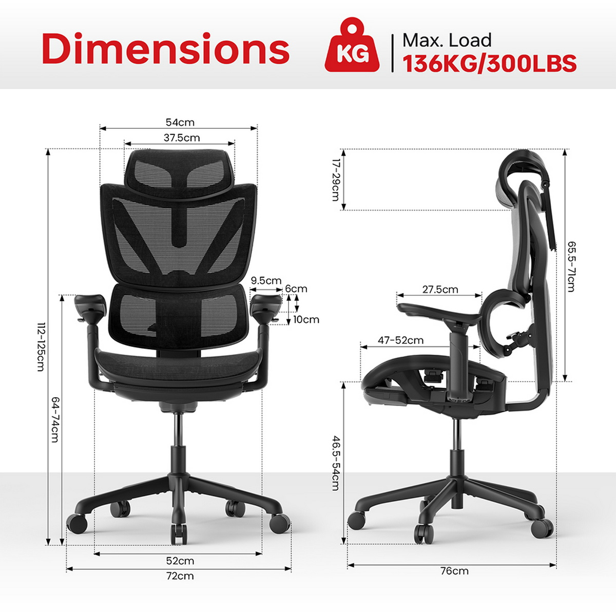 Krzesło biurowe z wymiarami, czarnym oparciem i siedziskiem z siatki oraz czarną podstawą, na białym tle.
