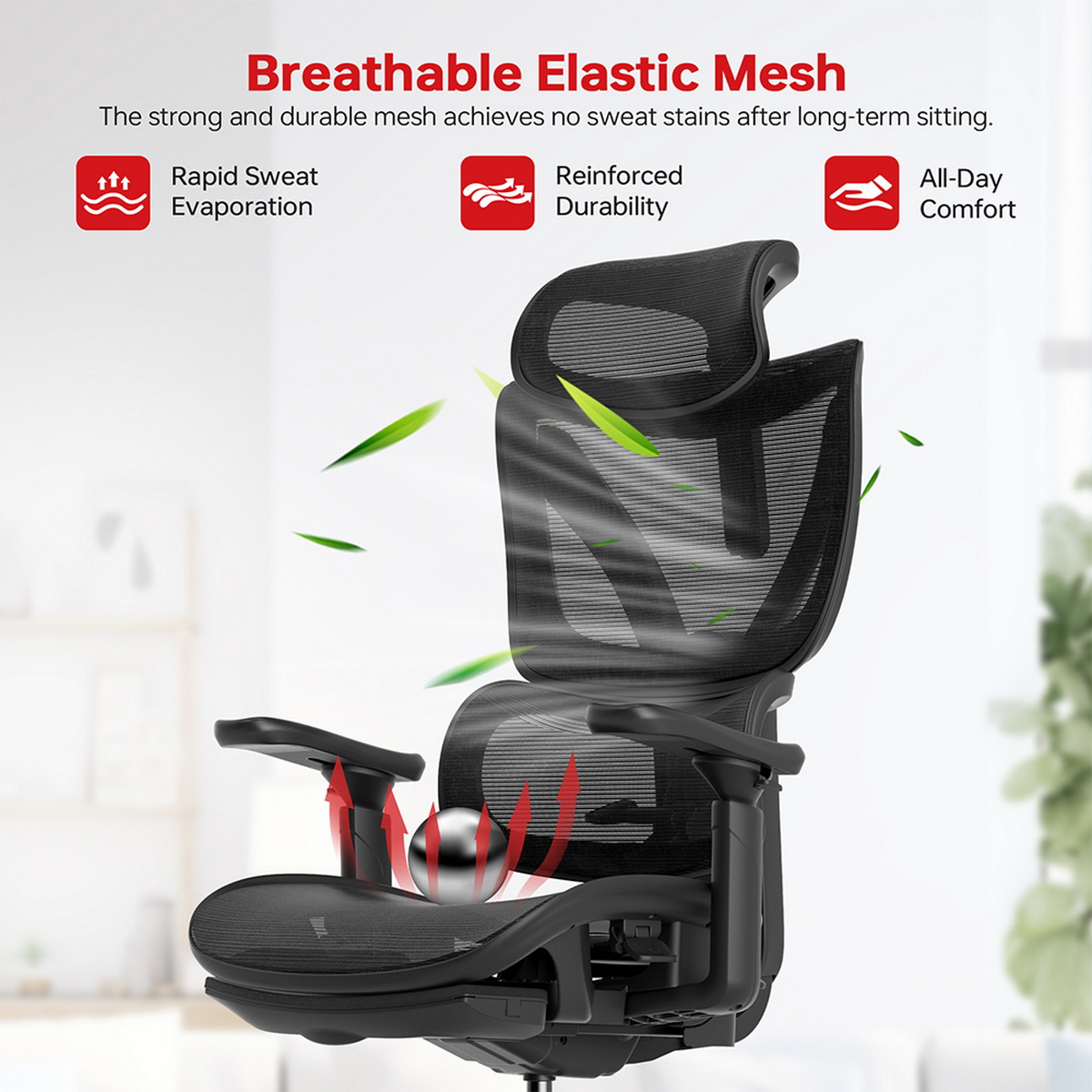 Zbliżenie ergonomicznego krzesła z tekstem o oddychalności i komforcie.