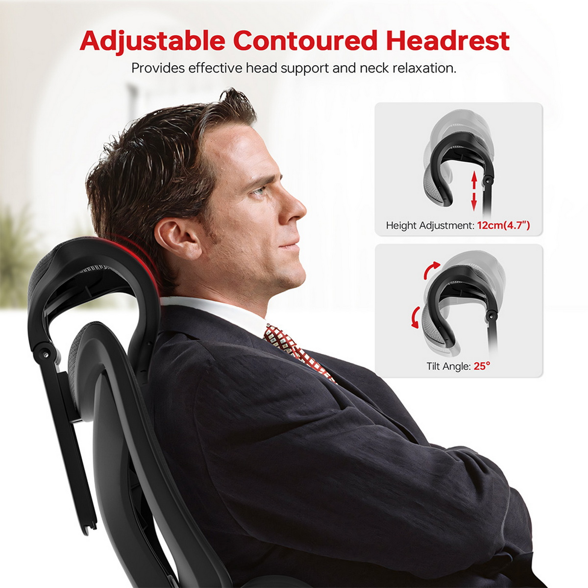 Mężczyzna w garniturze siedzący na czarnym krześle biurowym. Pokazano zagłówek i szczegóły regulacji.