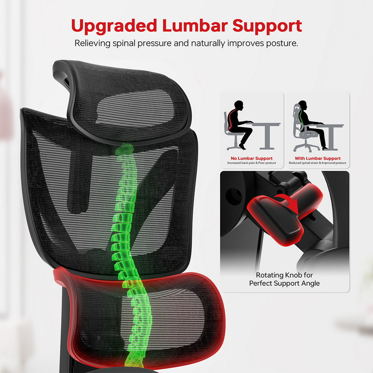 Zbliżenie krzesła pokazujące podparcie lędźwiowe z diagramami. Krzesło ma zielony kręgosłup i czerwone oparcie.