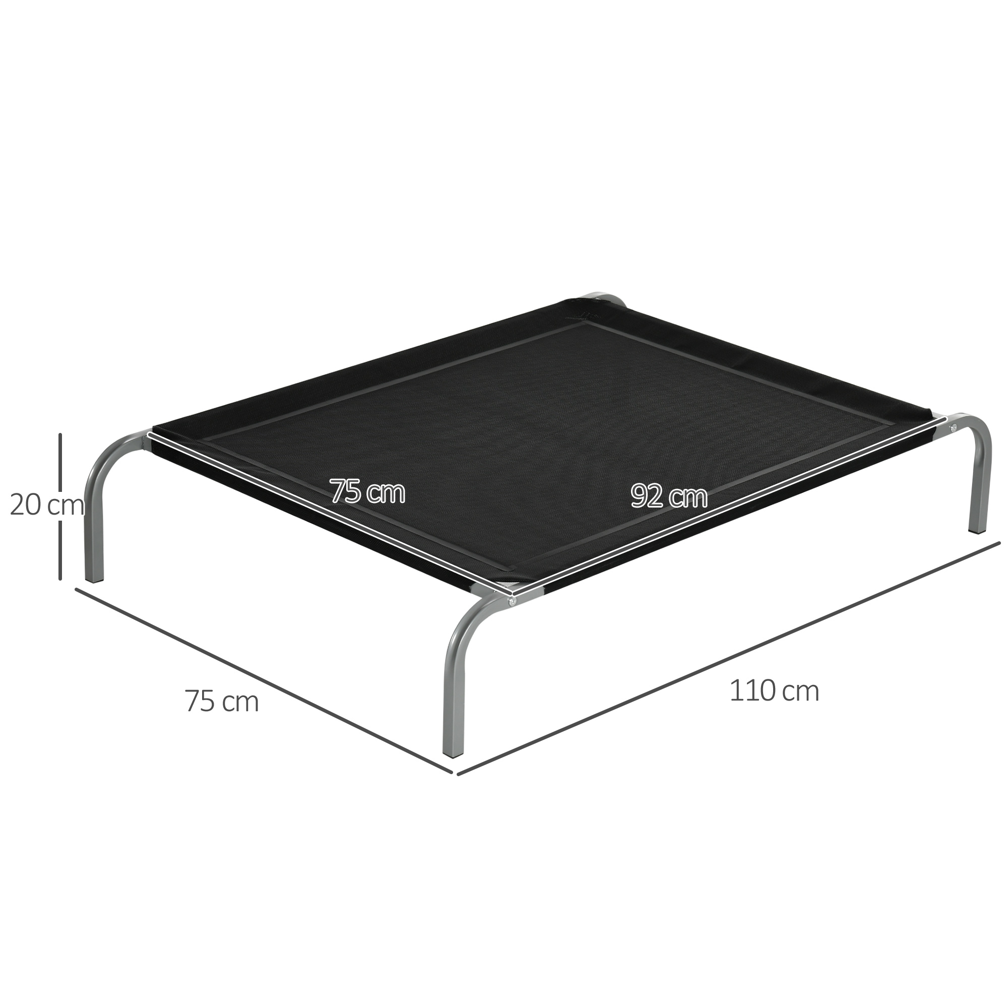 Dimensiones de la cama para perros: superficie de 75x92 cm, altura de 20 cm y longitud total de 110 cm. Patas plateadas y superficie negra.