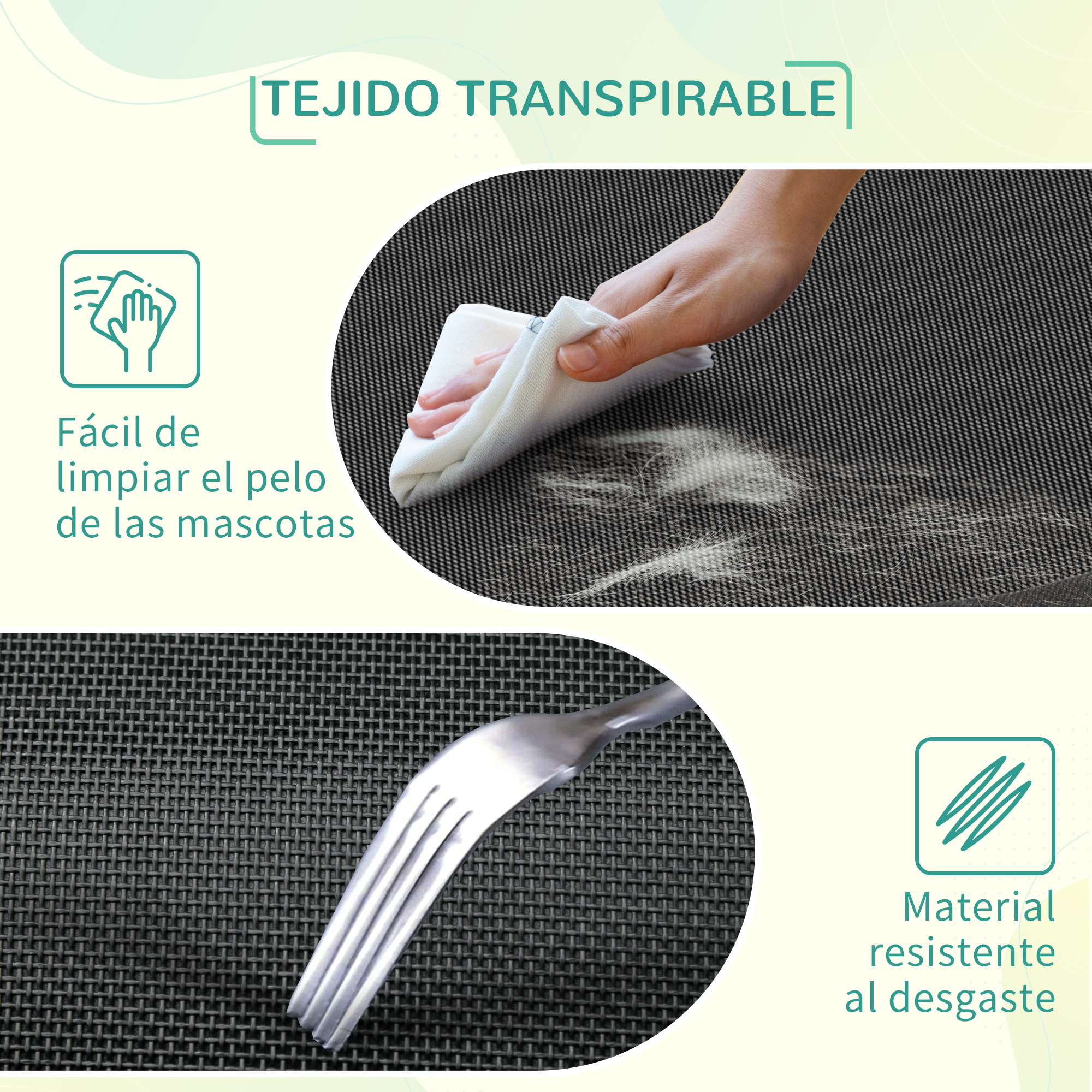Primer plano del material de la cama para perros. Muestra la fácil limpieza y el material duradero y resistente al desgaste.