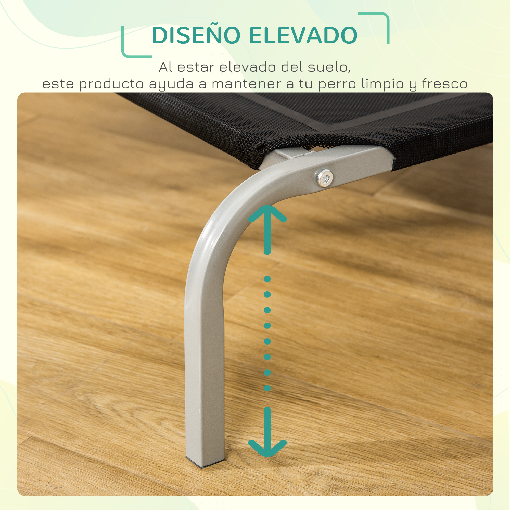 Primer plano de una pata de cama para perros con superposición de texto, flechas y texto.