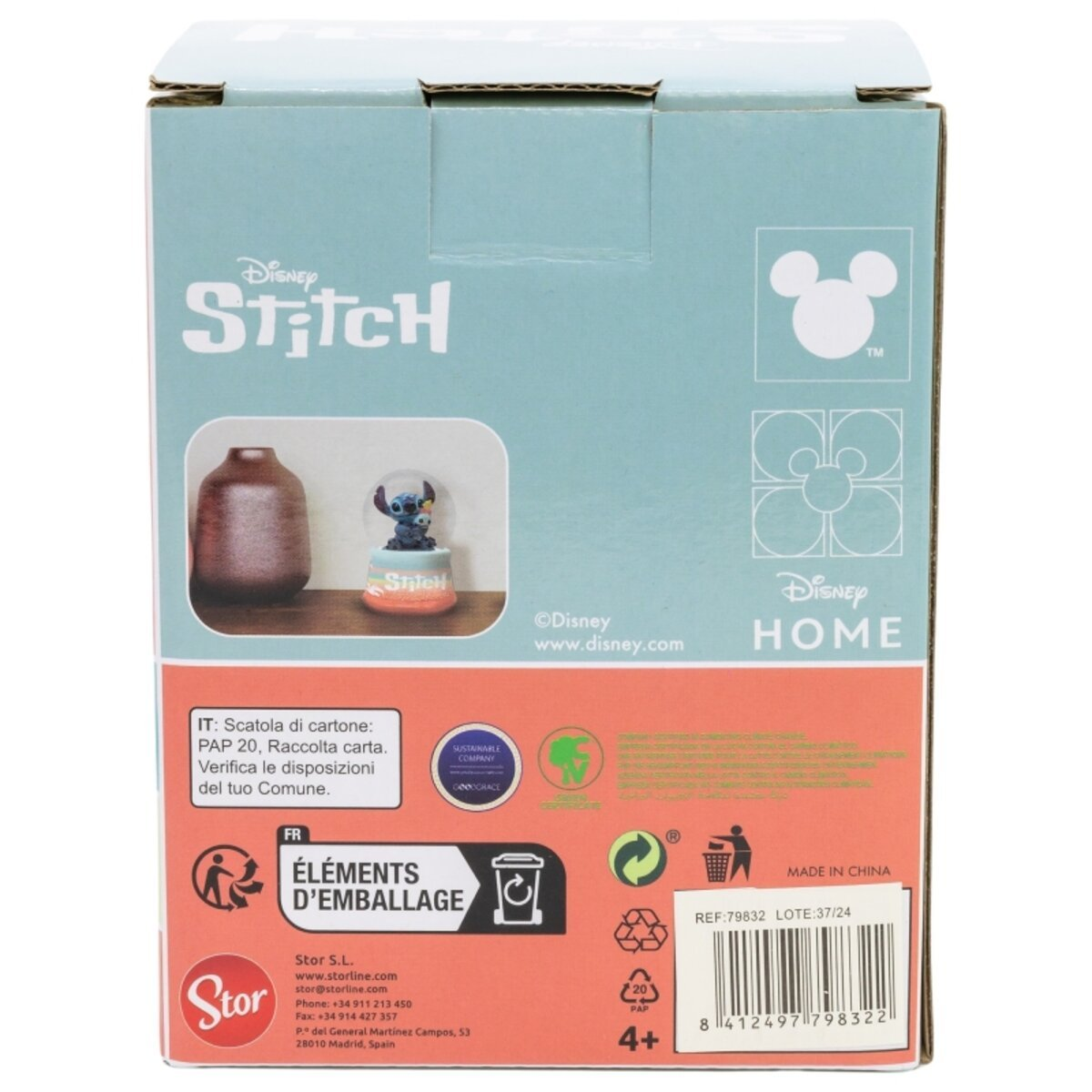 Parte trasera de una caja de globo de nieve de Disney Stitch con texto y logotipos.