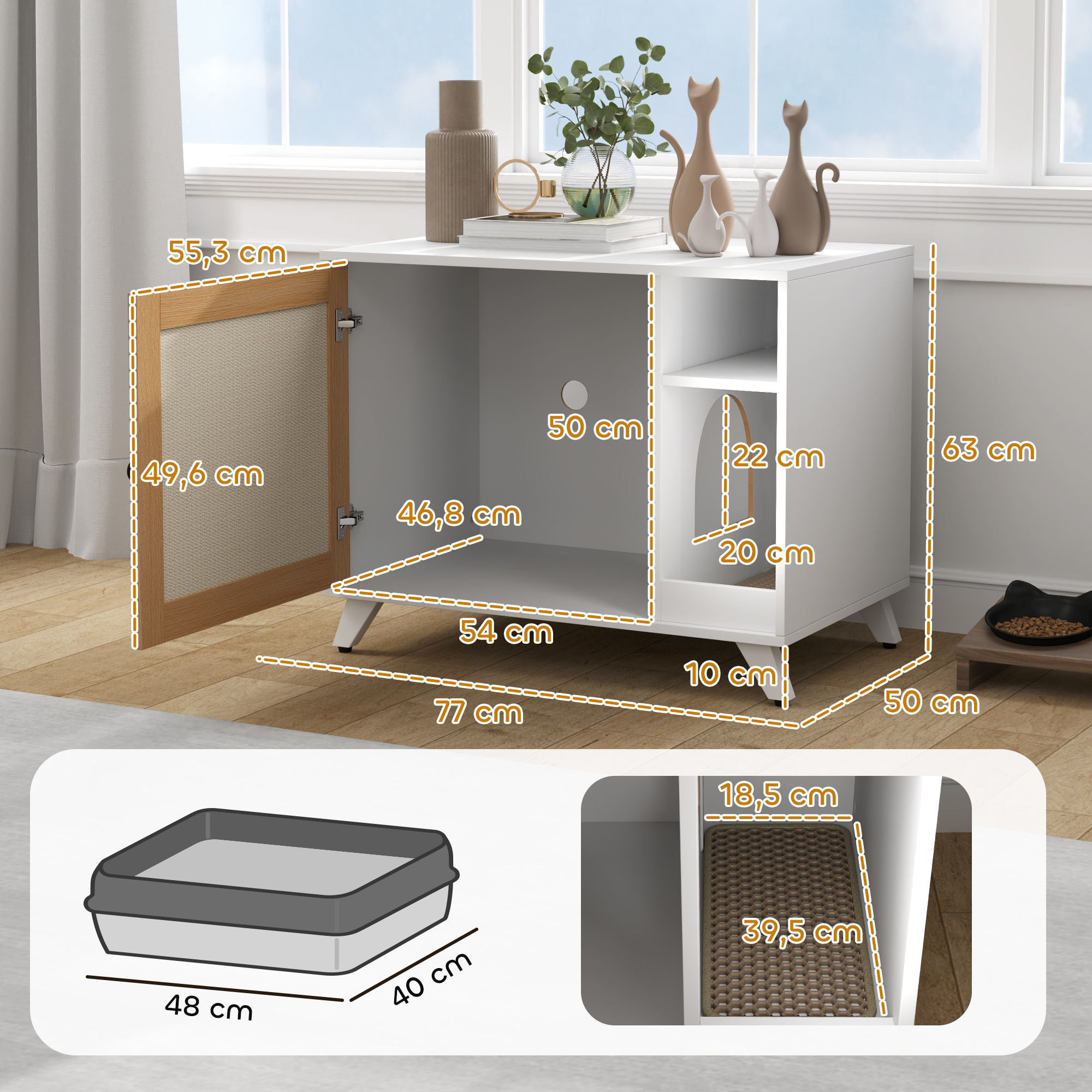 Un armario blanco para arenero con medidas, una cama para gatos y dimensiones superpuestas en el armario.