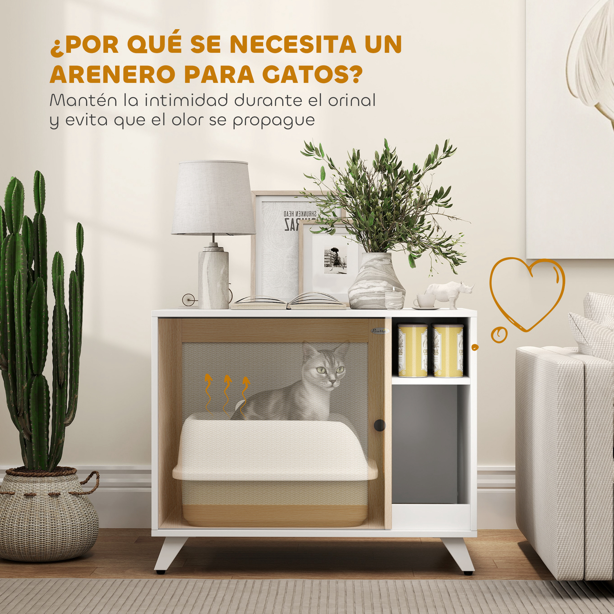 Un armario blanco para arenero con un gato dentro, una lámpara y decoraciones. Texto: Por qué se necesita un arenero.