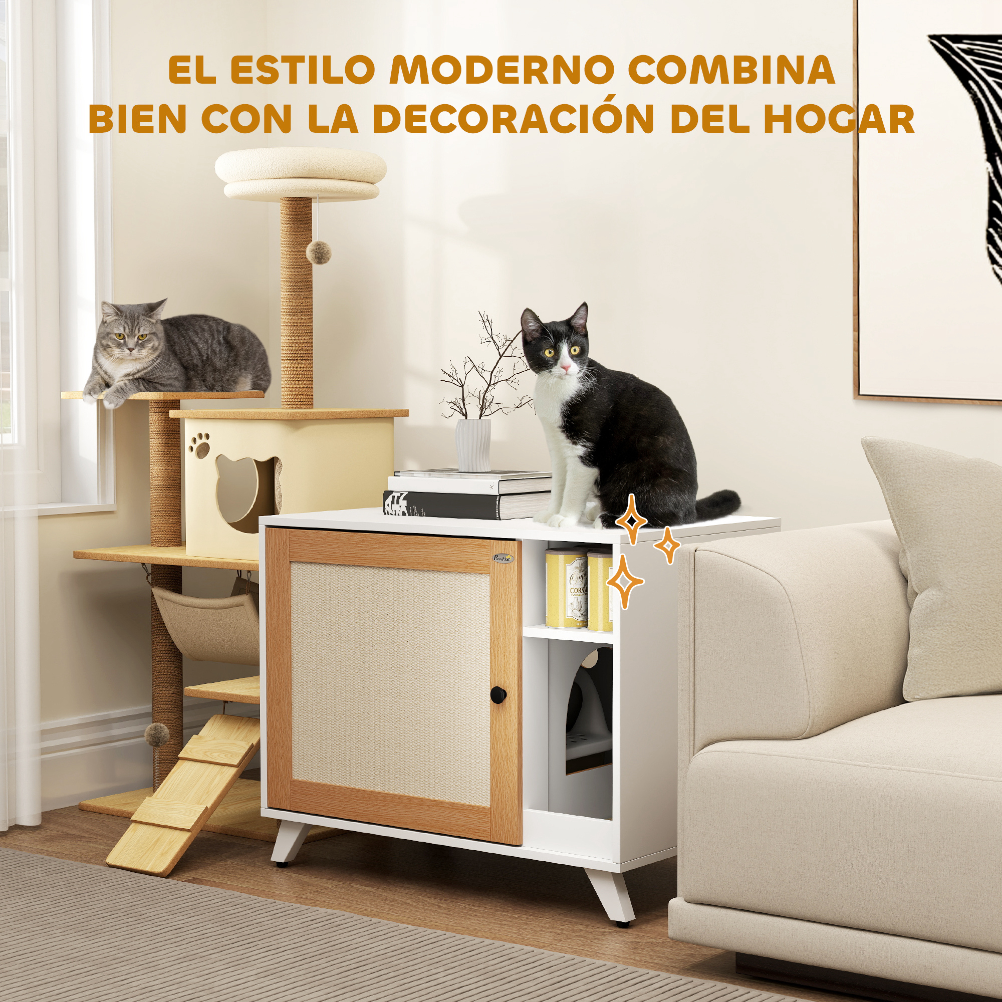 Un armario blanco para arenero con dos gatos y un árbol para gatos en el fondo. Texto: El estilo moderno combina bien.