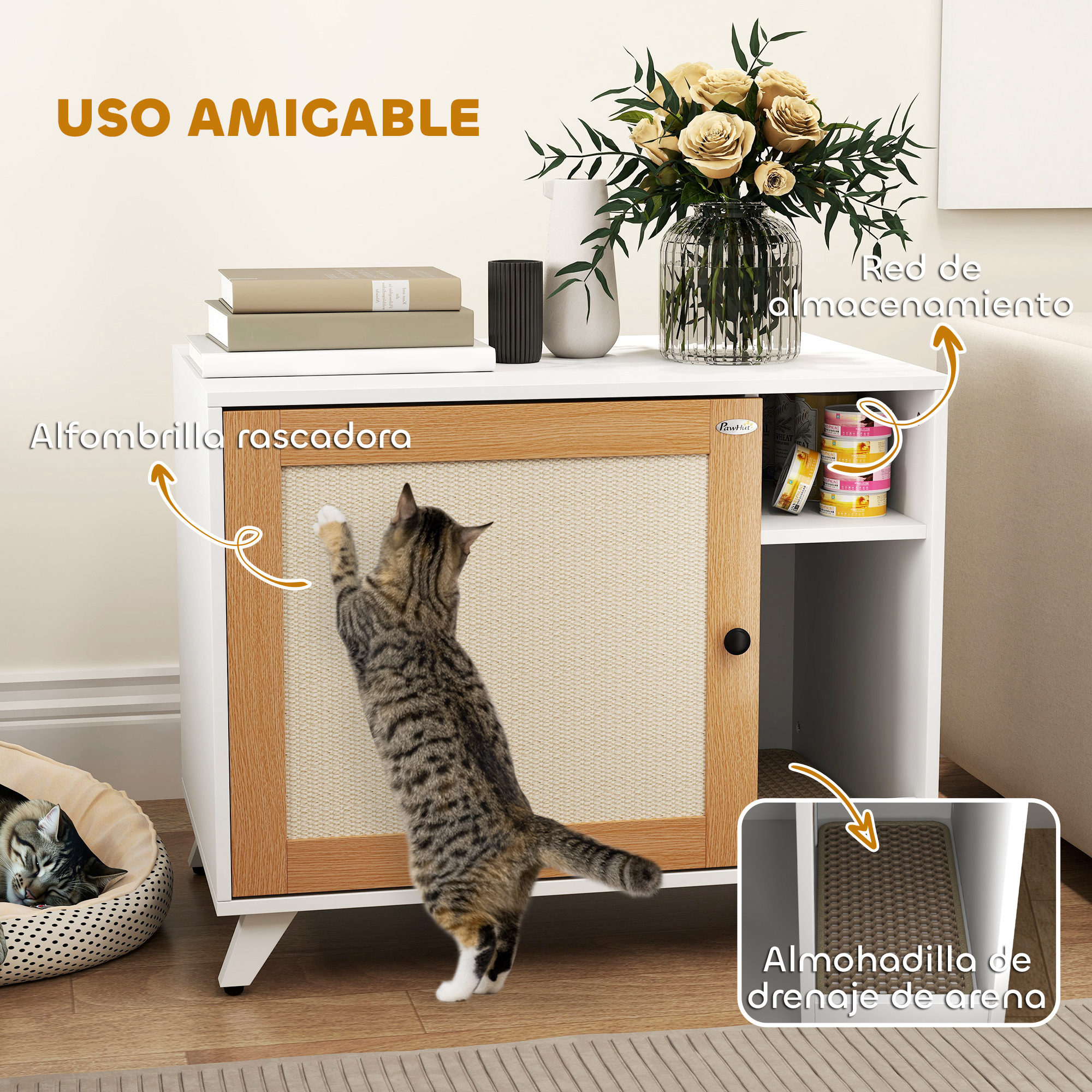 Un gato rascando un panel beige en un armario blanco. Hay un área de almacenamiento y una cama para gatos, con etiquetas.