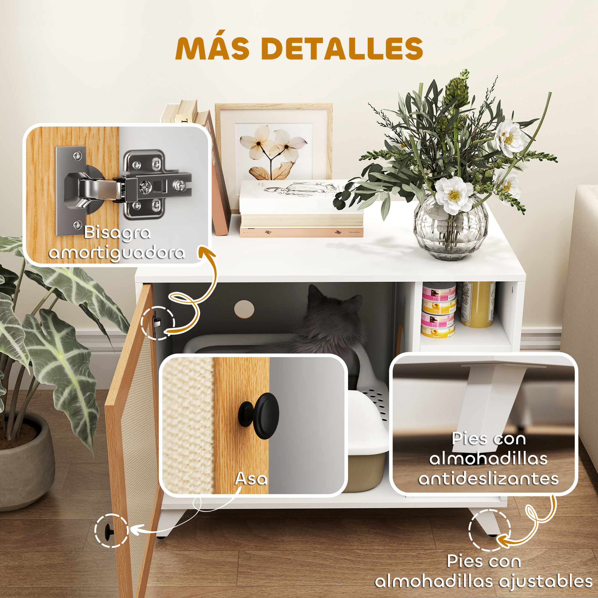 Primeros planos de un armario para gatos. Incluye bisagra, asa y patas antideslizantes, con etiquetas de texto.
