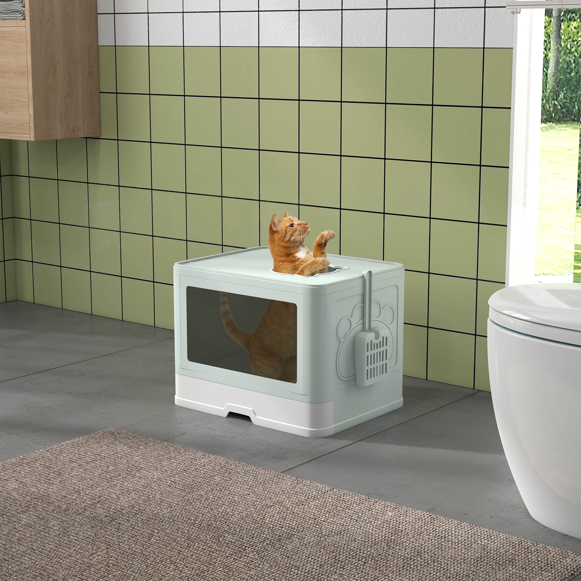 Un gato naranja dentro de una caja de arena azul y blanca, en un baño. El gato está mirando hacia arriba.