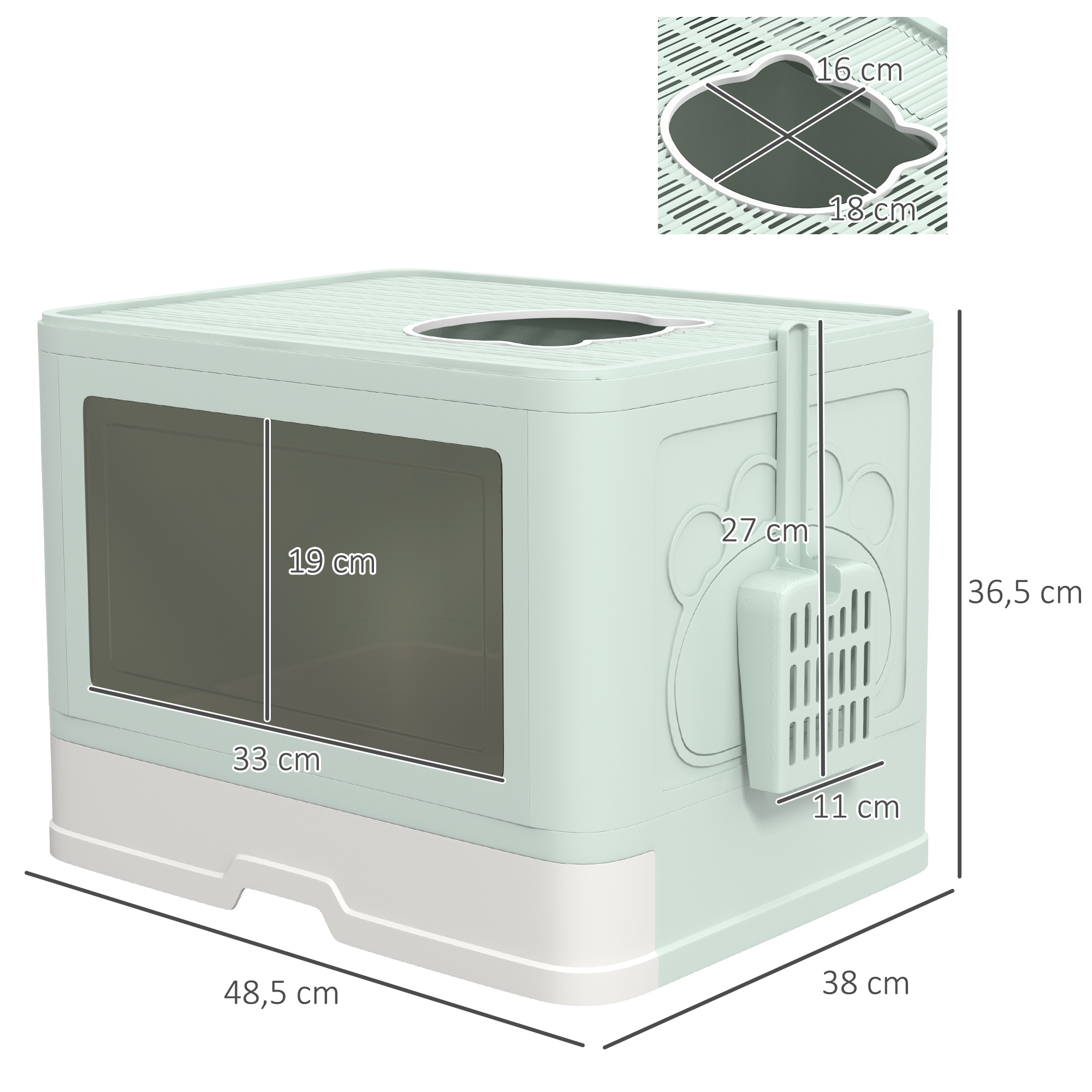 Una caja de arena para gatos verde claro y blanco con dimensiones y una pala con diseño de huella.