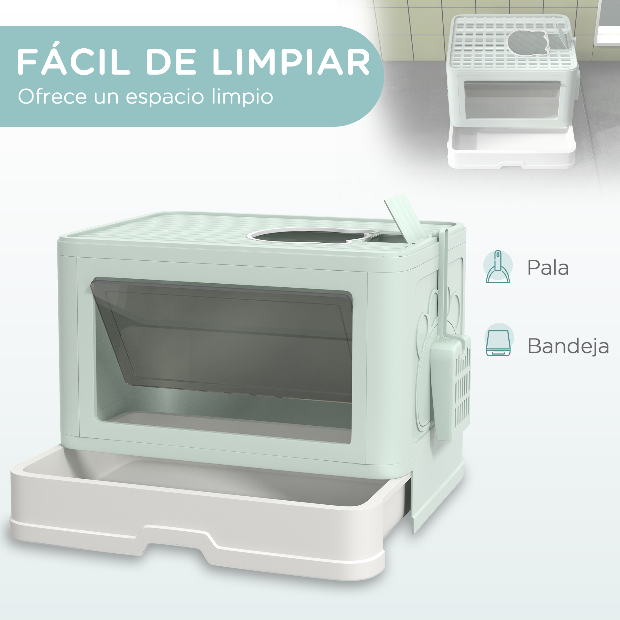 Una caja de arena con bandeja extraíble y pala. La parte superior es de diseño cerrado. Hay una pala.