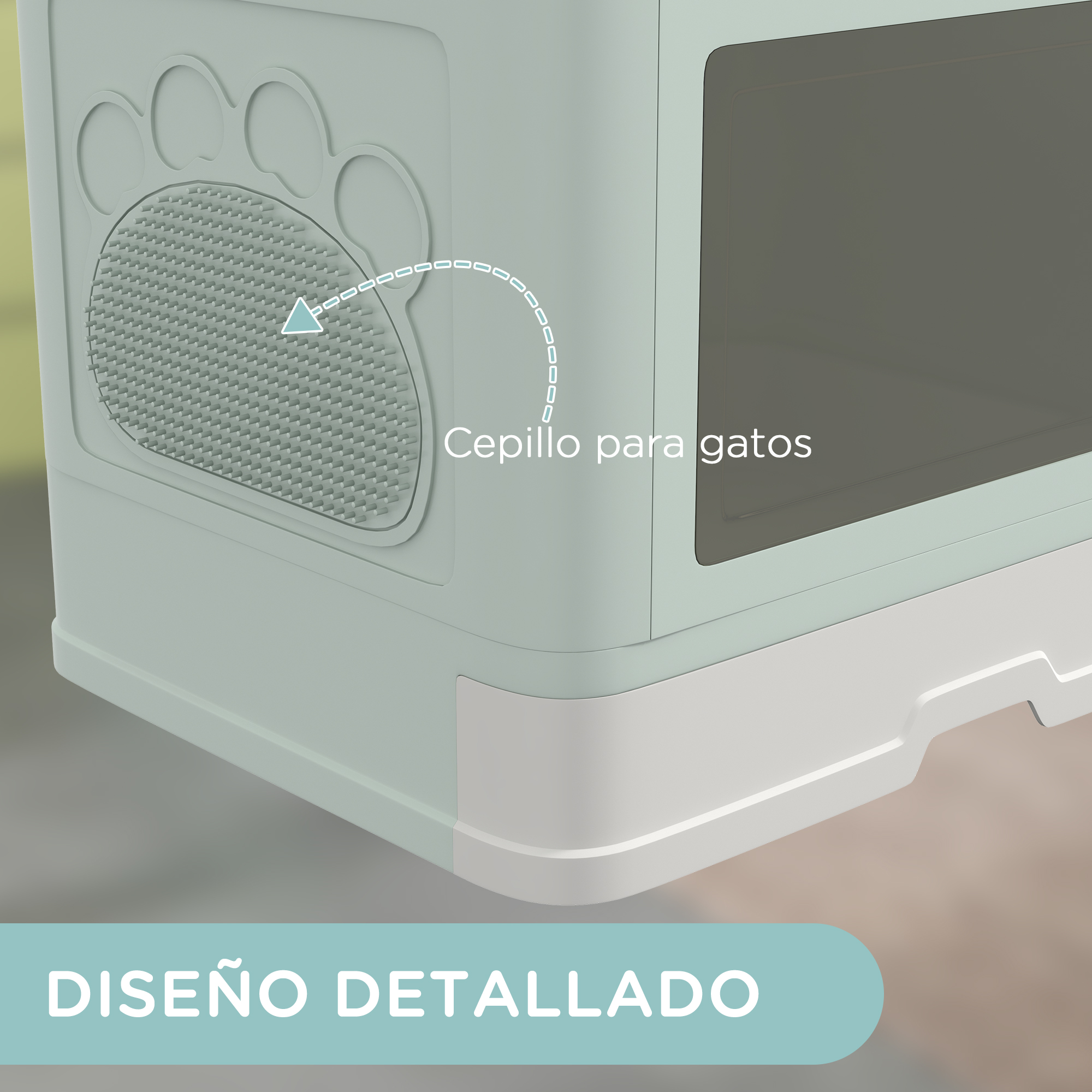 Primer plano de una caja de arena para gatos con diseño de huella y texto: Diseño detallado.