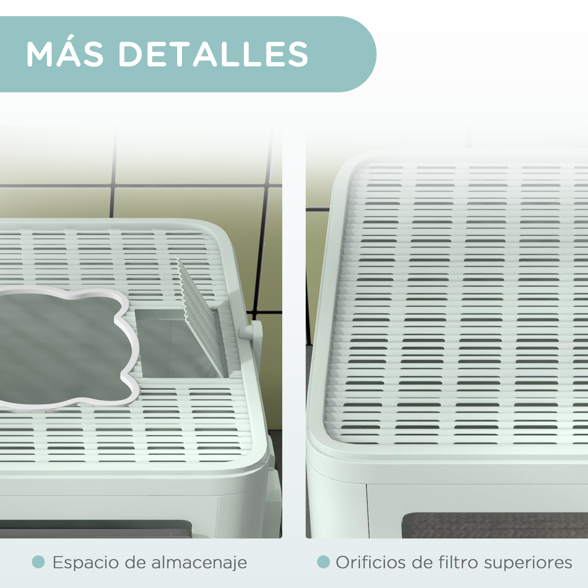 Primer plano de una caja de arena para gatos que muestra espacio de almacenamiento y orificios de filtro. Texto: Más detalles.
