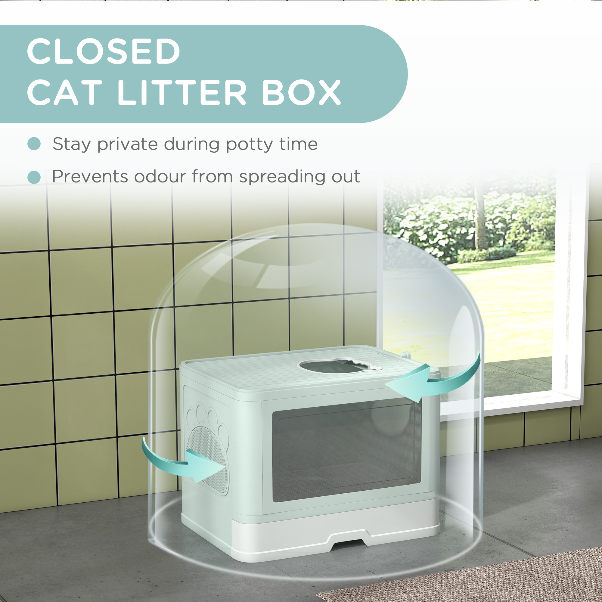 Caja de arena para gatos cerrada con cubierta transparente, cerca de una ventana. El diseño evita la propagación de olores.