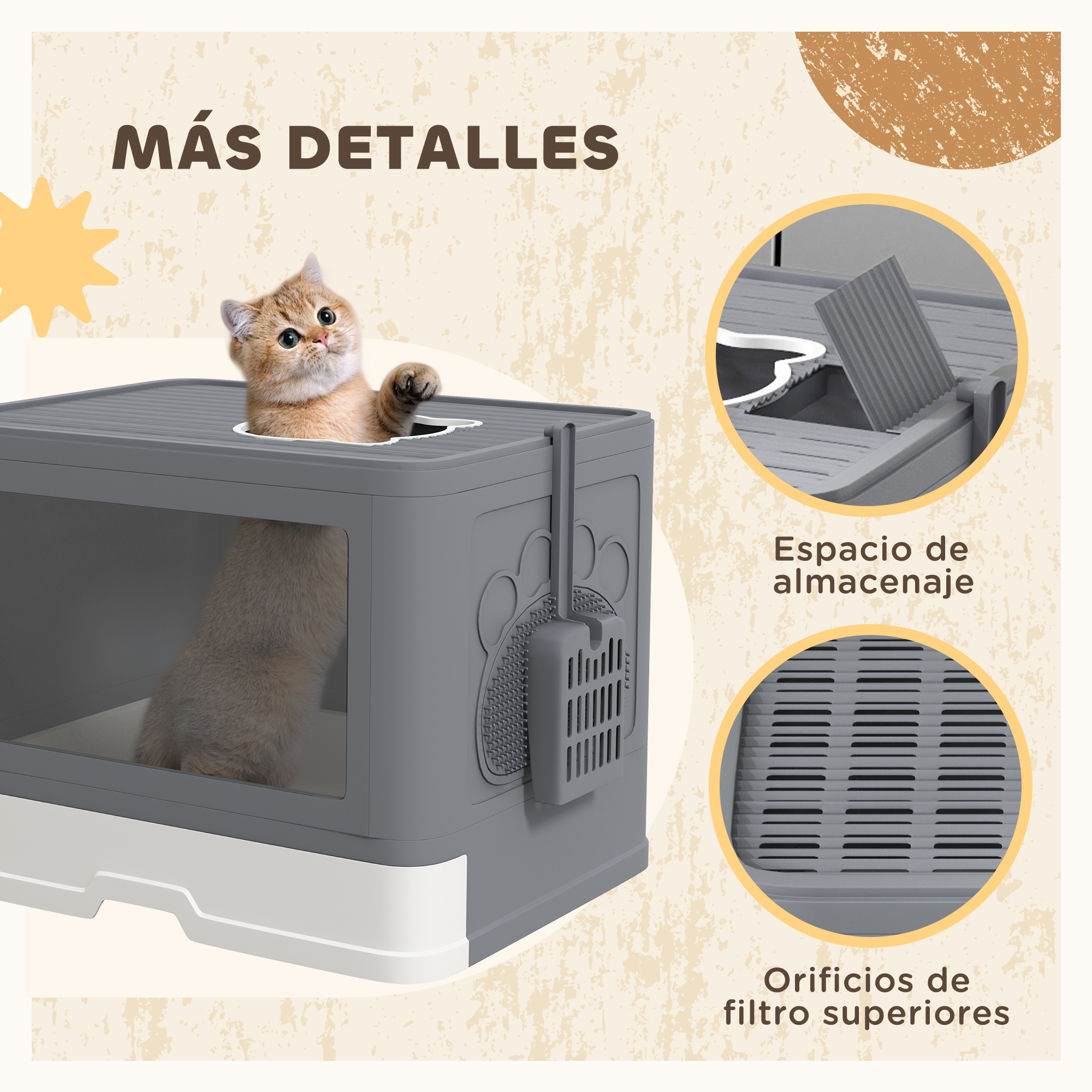 Primer plano de un gato en una caja de arena gris, con una pala y texto sobre detalles en español.