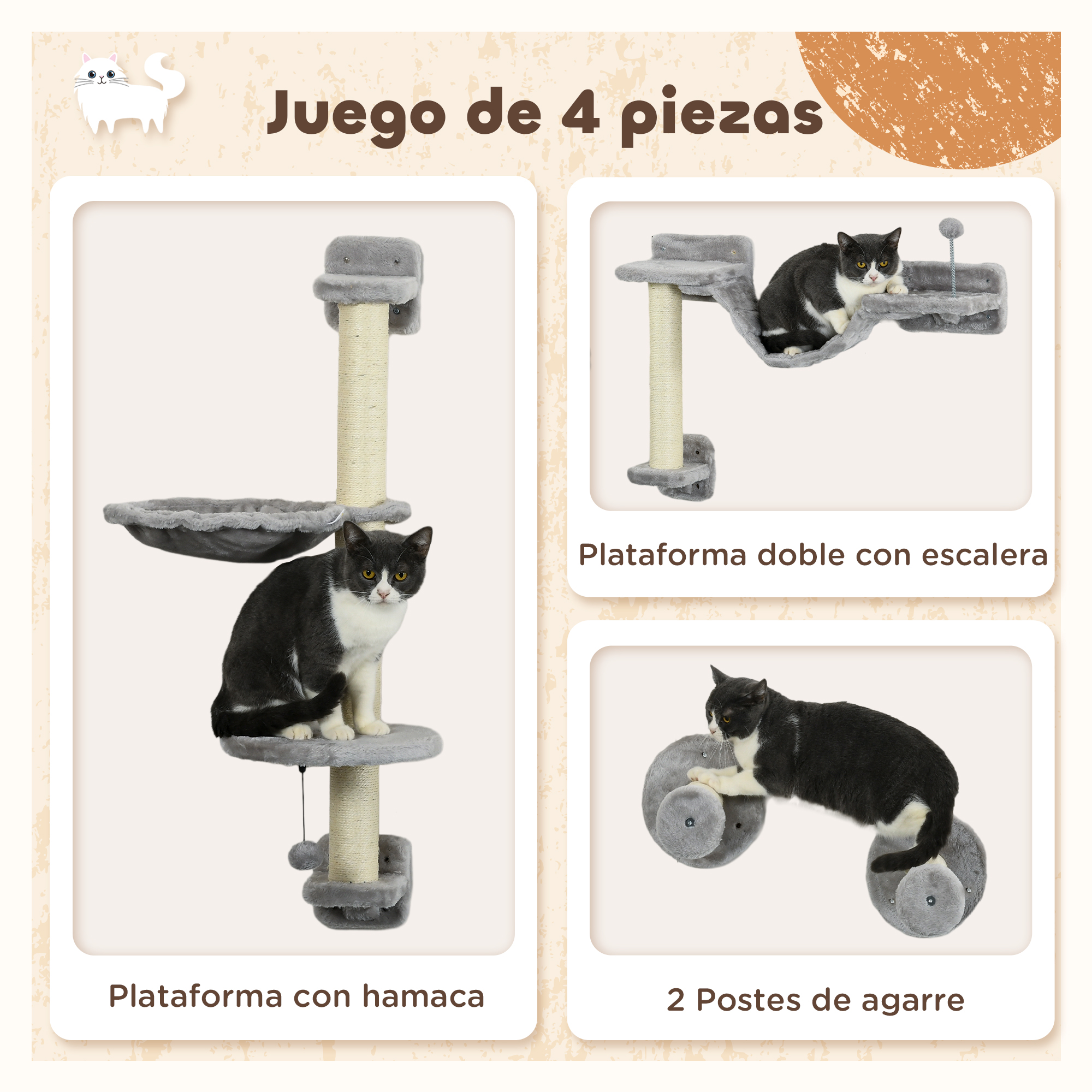 Collage de componentes de árbol para gatos con gatos en plataformas y postes rascadores, con leyendas en español.