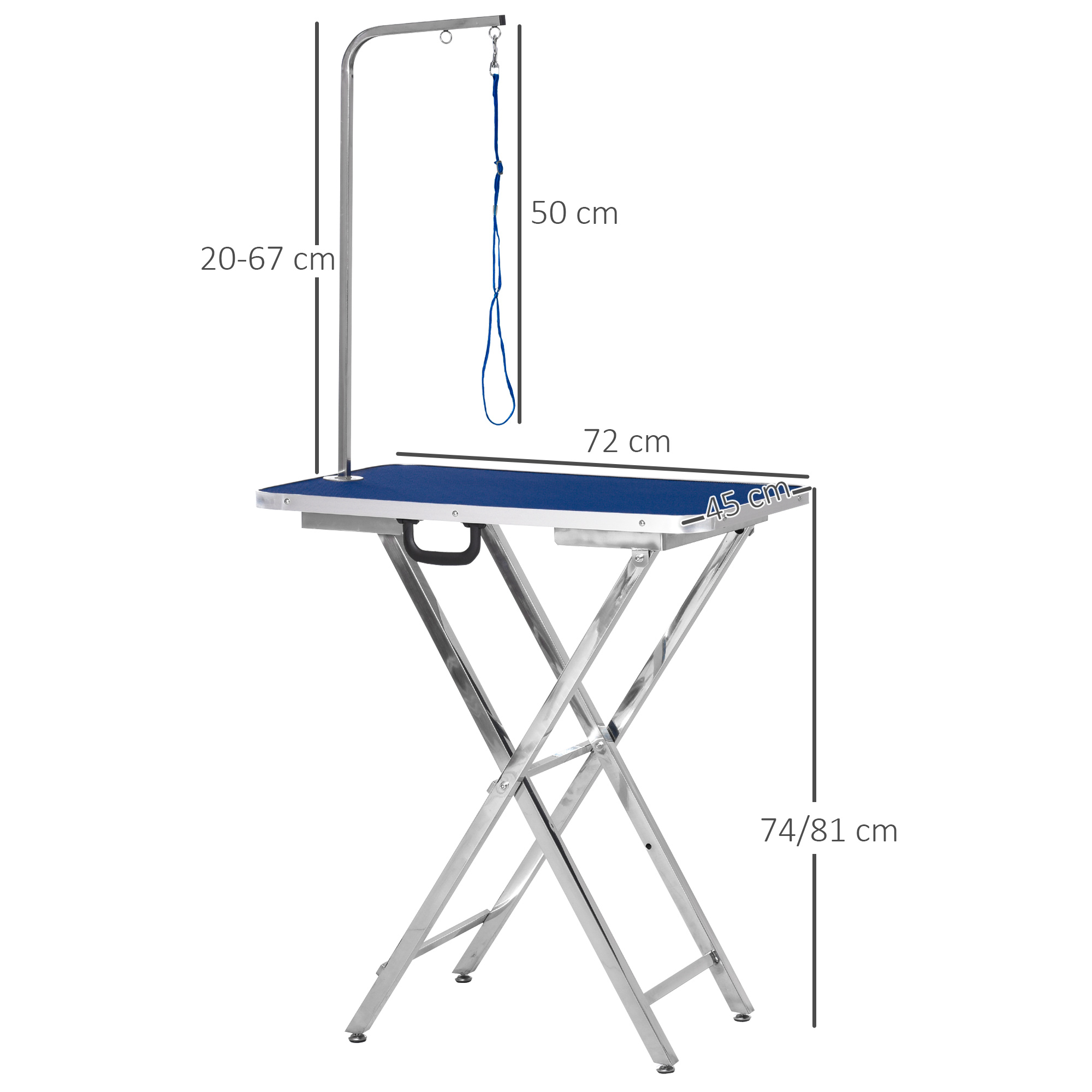 Diagrama de una mesa de aseo azul con dimensiones, una correa azul y un fondo blanco.