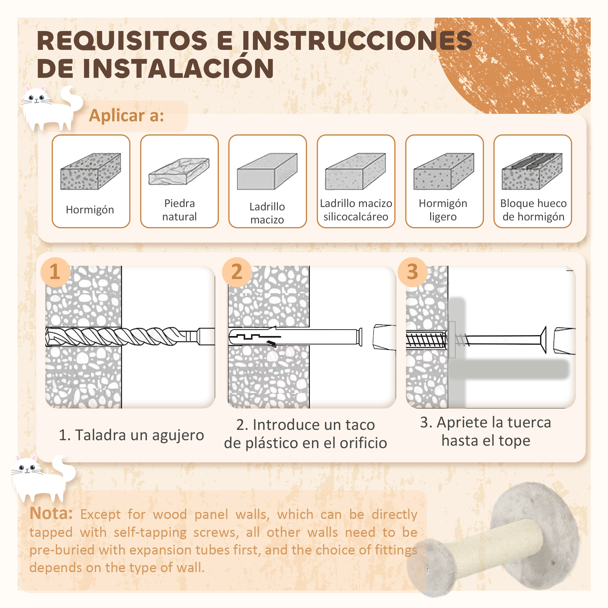 Instrucciones para instalar un árbol para gatos, con diagramas.