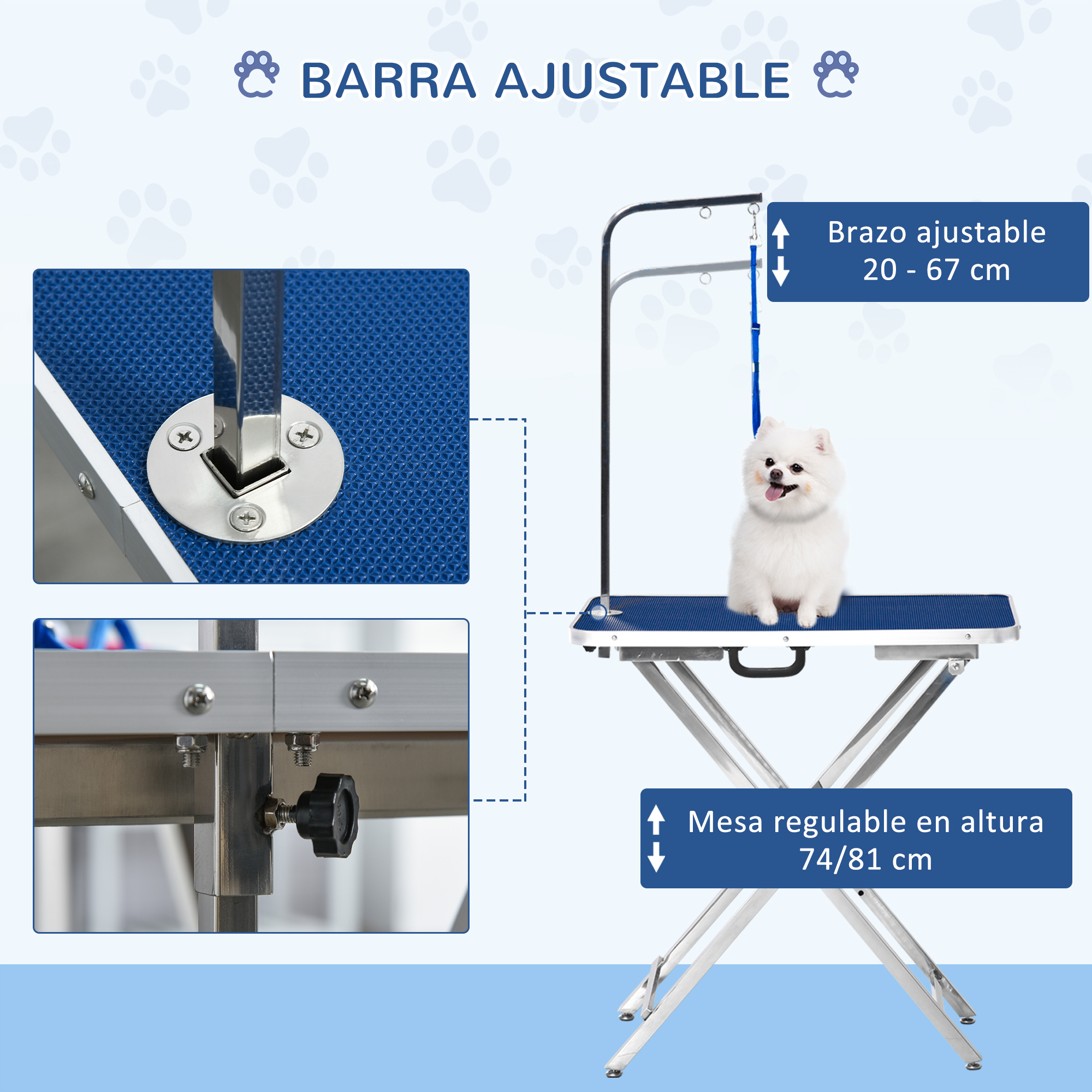 Un perro Pomerania blanco en una mesa de aseo con brazo ajustable.