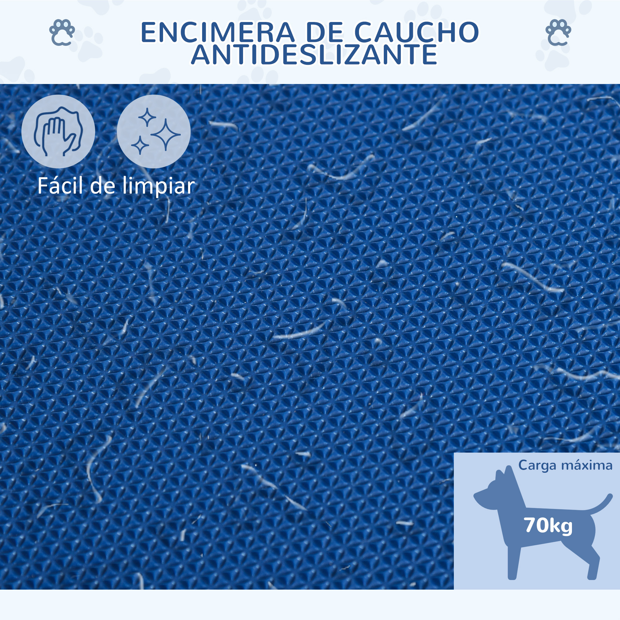 Primer plano de superficie antideslizante azul de mesa de aseo con pelo de mascota.