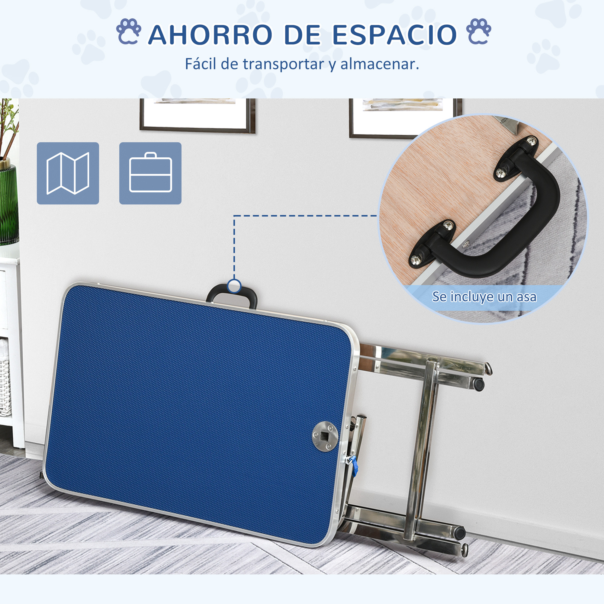 Mesa de aseo plegable azul y cromada con asa. Dos iconos visibles.