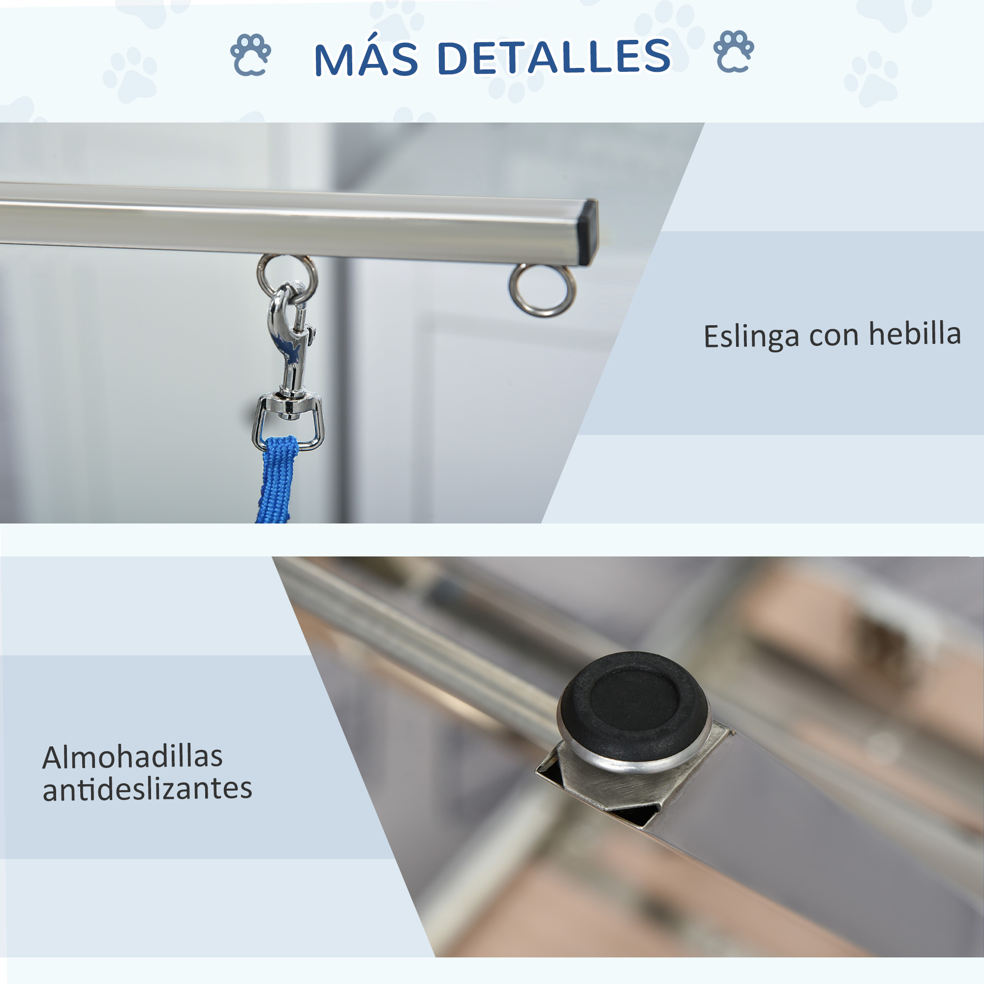 Detalles de cerca de una mesa de aseo, incluyendo una correa.