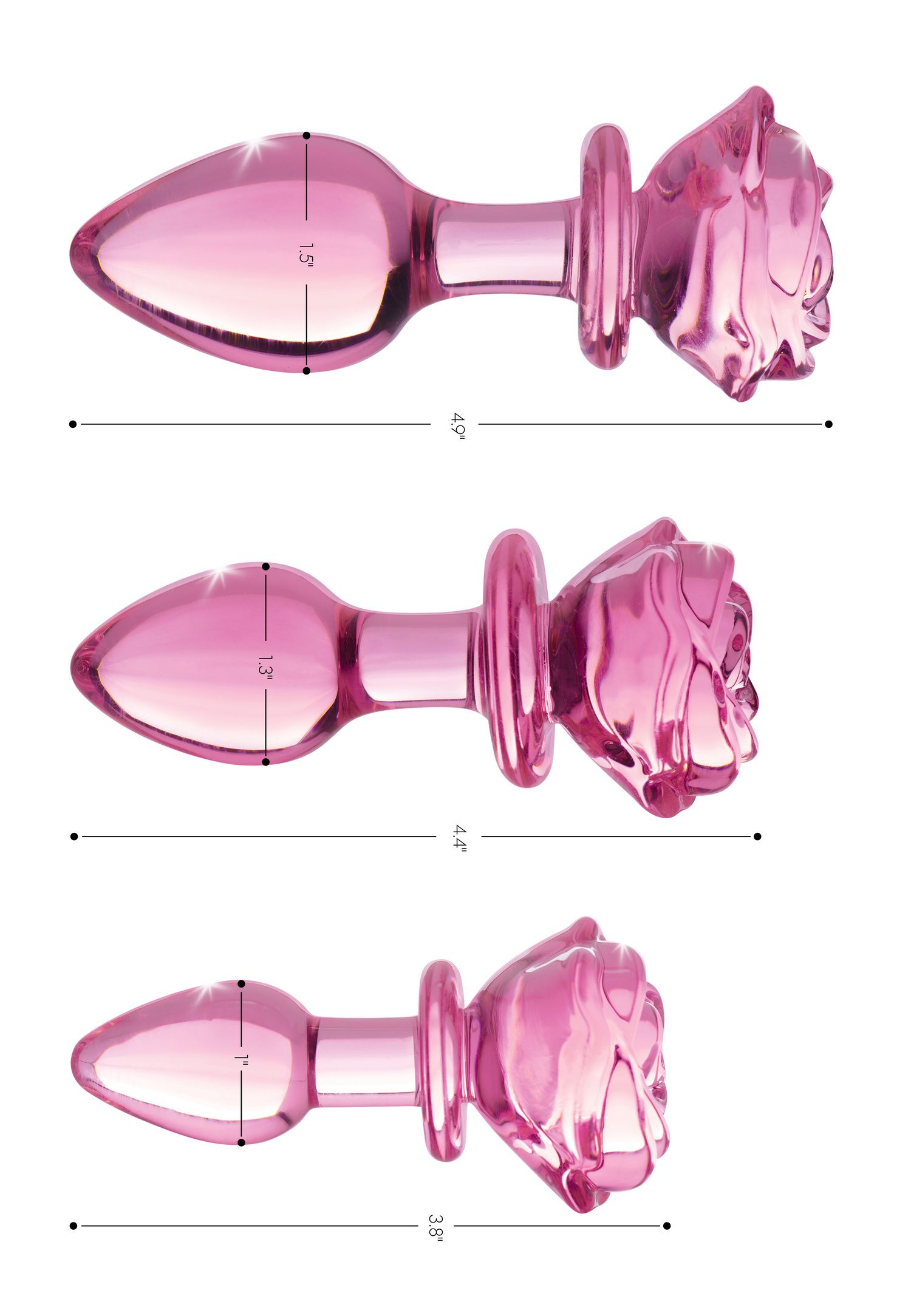 Rosa Glas-Analstöpsel in drei Größen, mit rosenförmiger Basis, vor weißem Hintergrund.