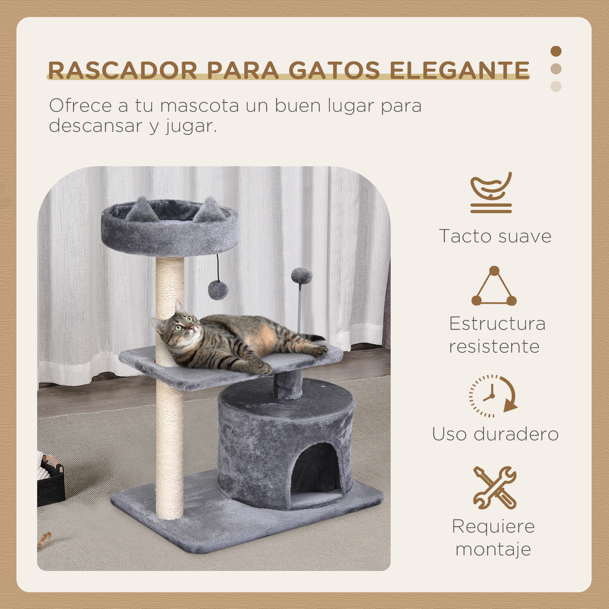 Un gato en un árbol para gatos gris. Texto e iconos en el fondo.