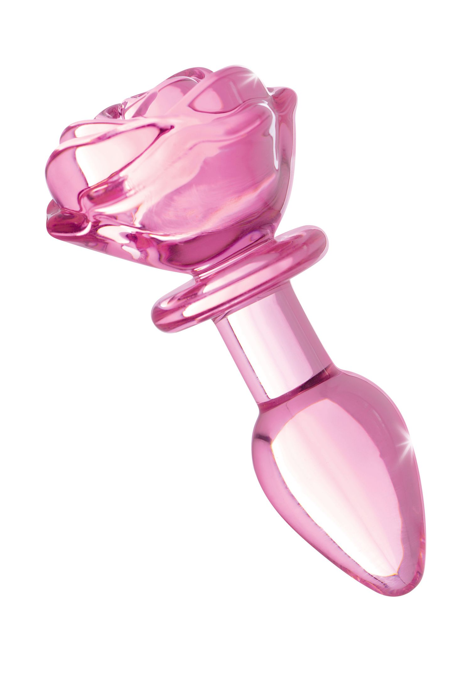 Ein rosa Glas-Butt-Plug in Rosenform. Es befindet sich auf einer weißen Oberfläche.