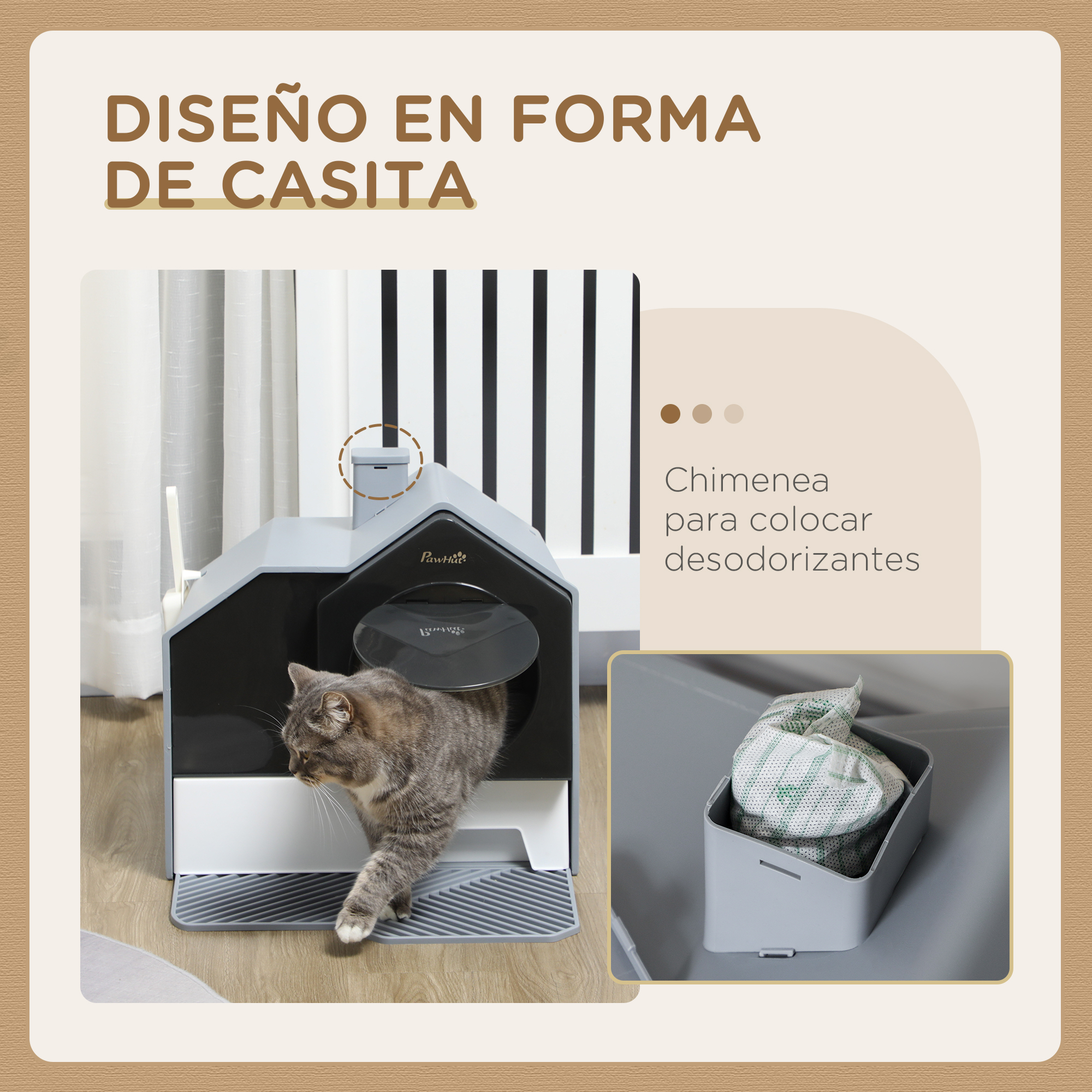 Una caja de arena para gatos con un gato entrando. El texto está en el fondo.