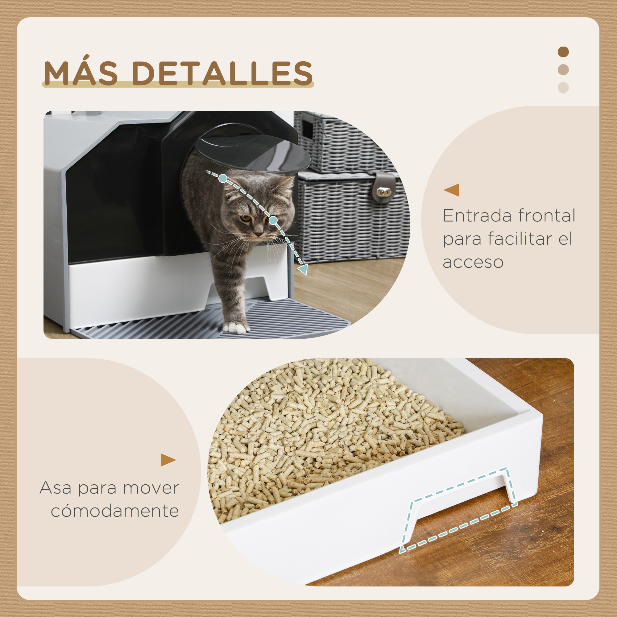 Una caja de arena para gatos y una bandeja con arena. El texto está en el fondo.