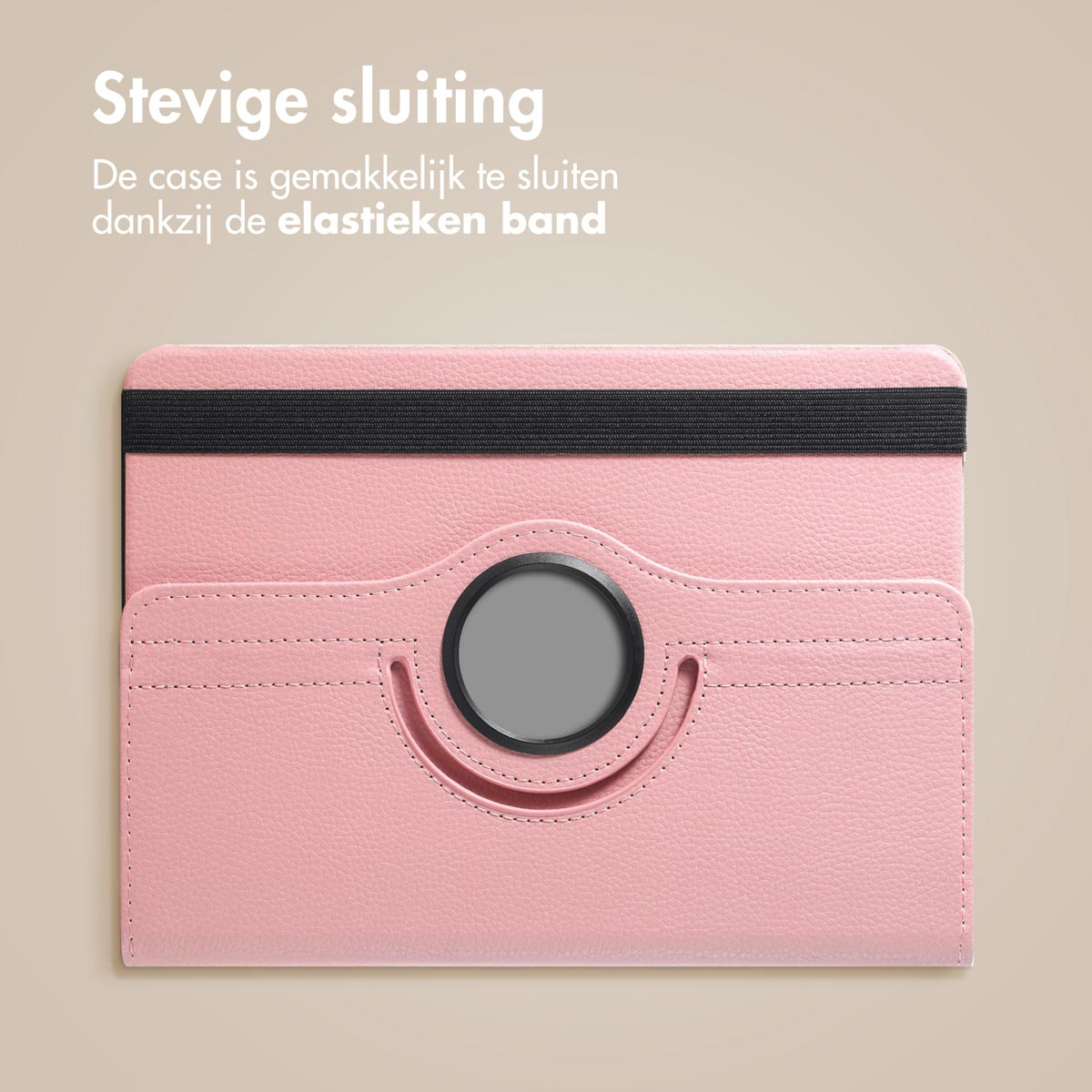 A pink tablet case with a black elastic band. There's a hole for the camera.