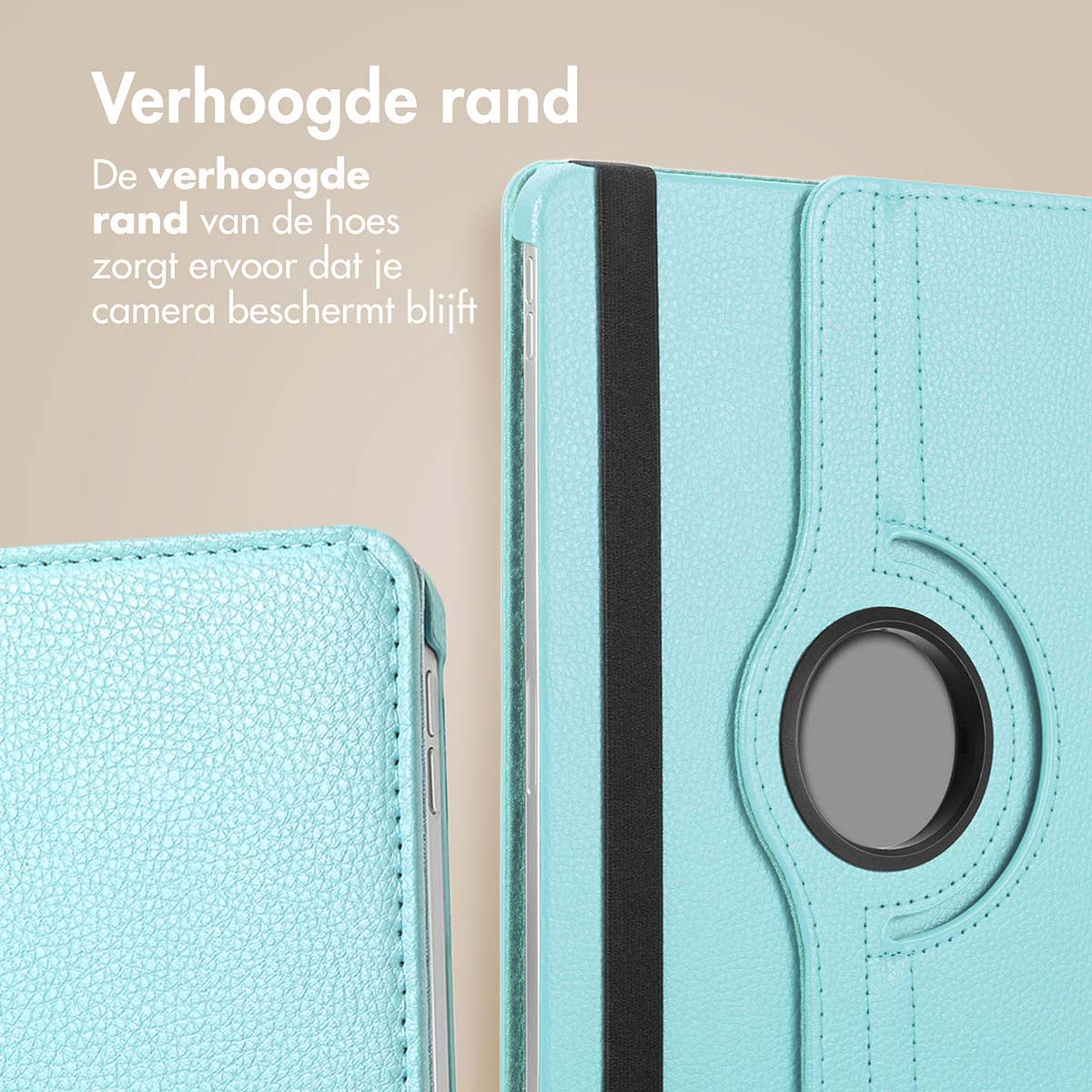 Close-up of a mint-colored tablet case, showing a black strap and a circular camera cutout.