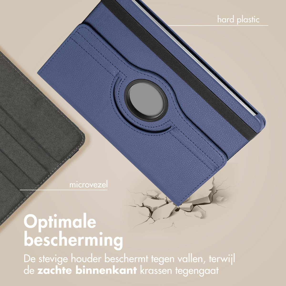 Un étui de tablette bleu avec un support rotatif, montrant la microfibre et le plastique dur.