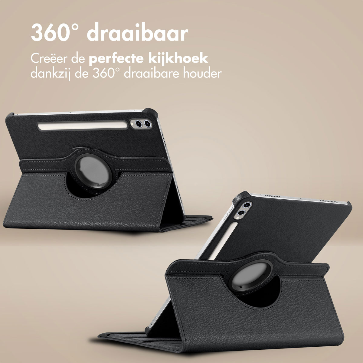 Tablets in black cases, showing different angles. Each case has a circular opening.